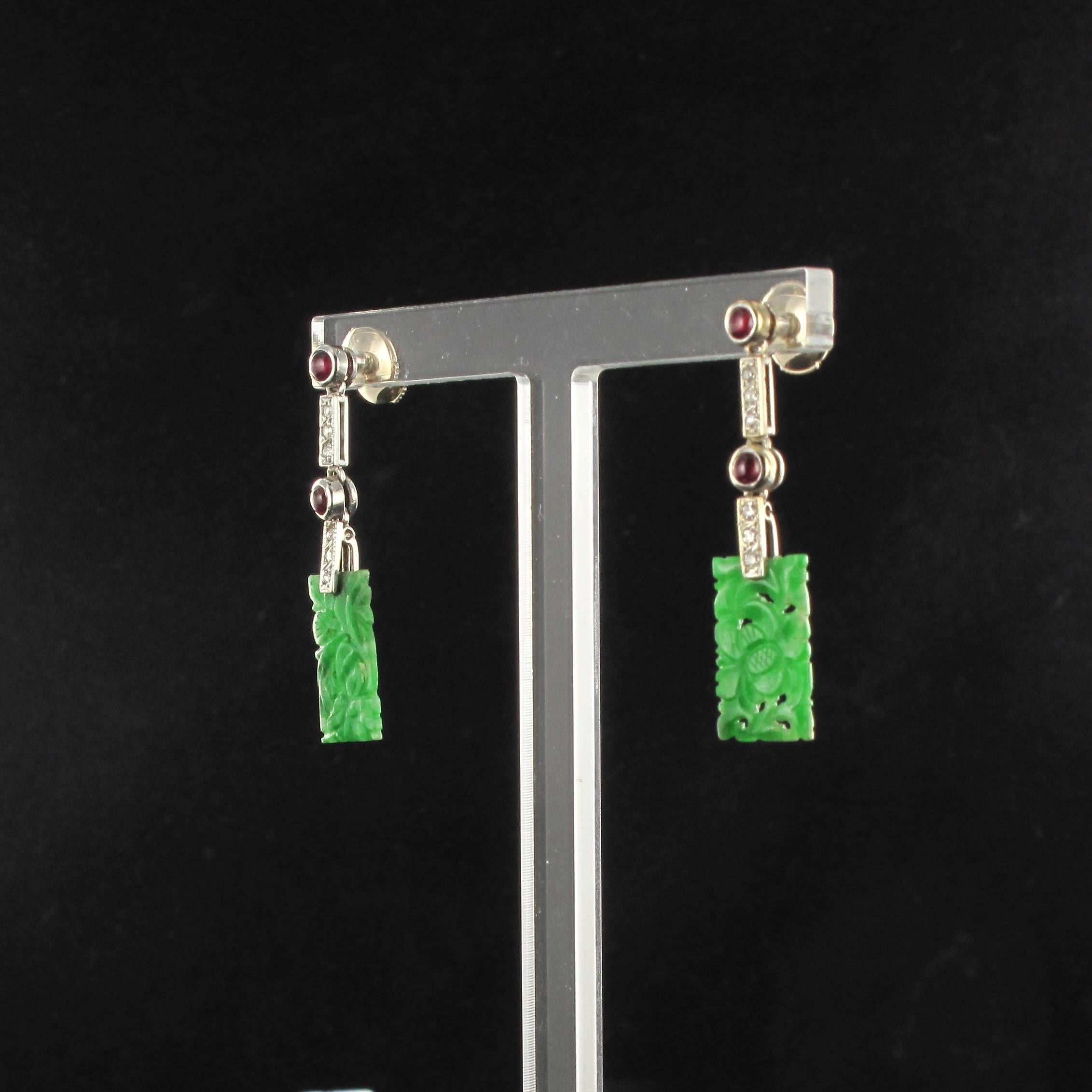 Art deco Style Jade Ruby Diamond Gold Drop Earrings In Excellent Condition In Poitiers, FR