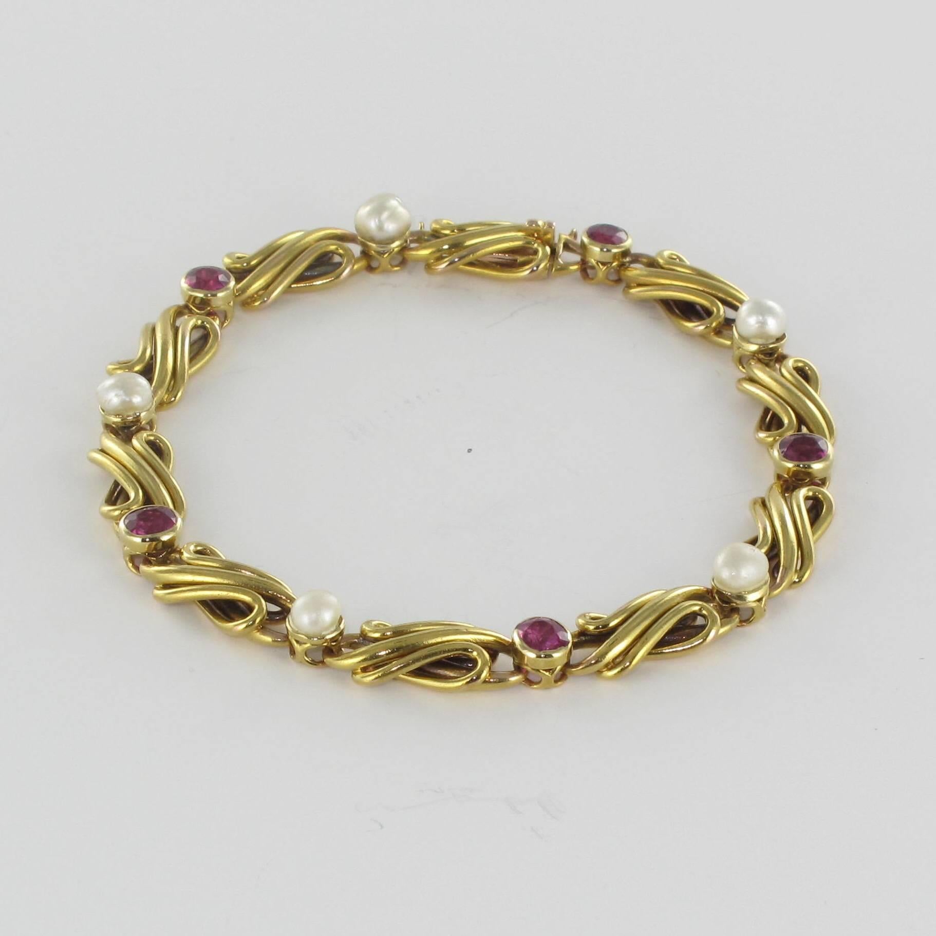 French Art nouveau Natural Pearl Ruby Gold Row Link Bracelet 8
