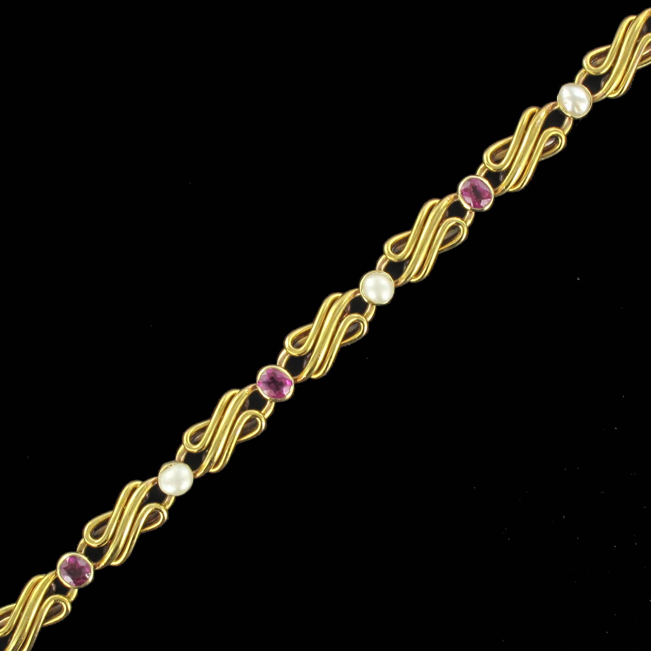 French Art nouveau Natural Pearl Ruby Gold Row Link Bracelet 6