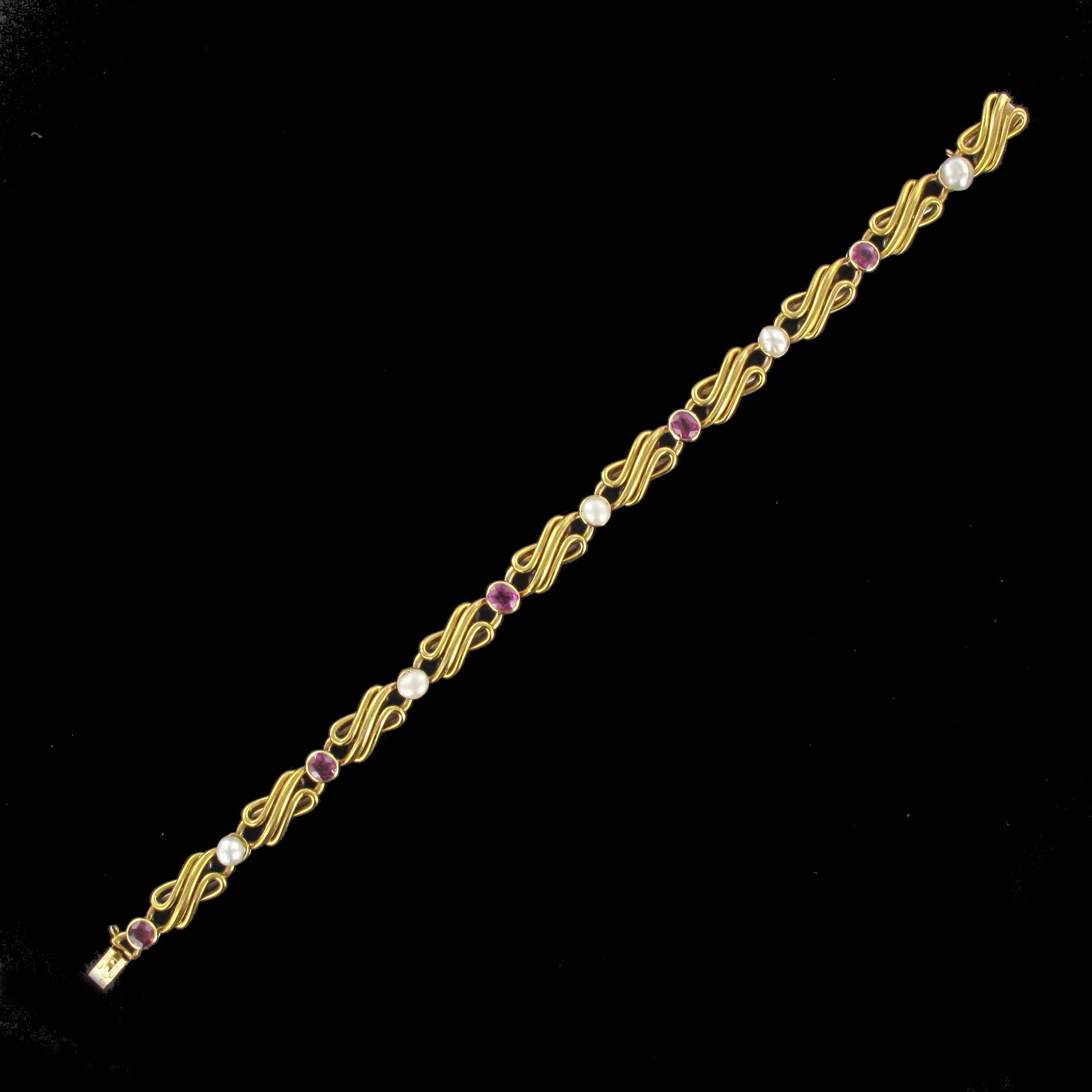 French Art nouveau Natural Pearl Ruby Gold Row Link Bracelet 7