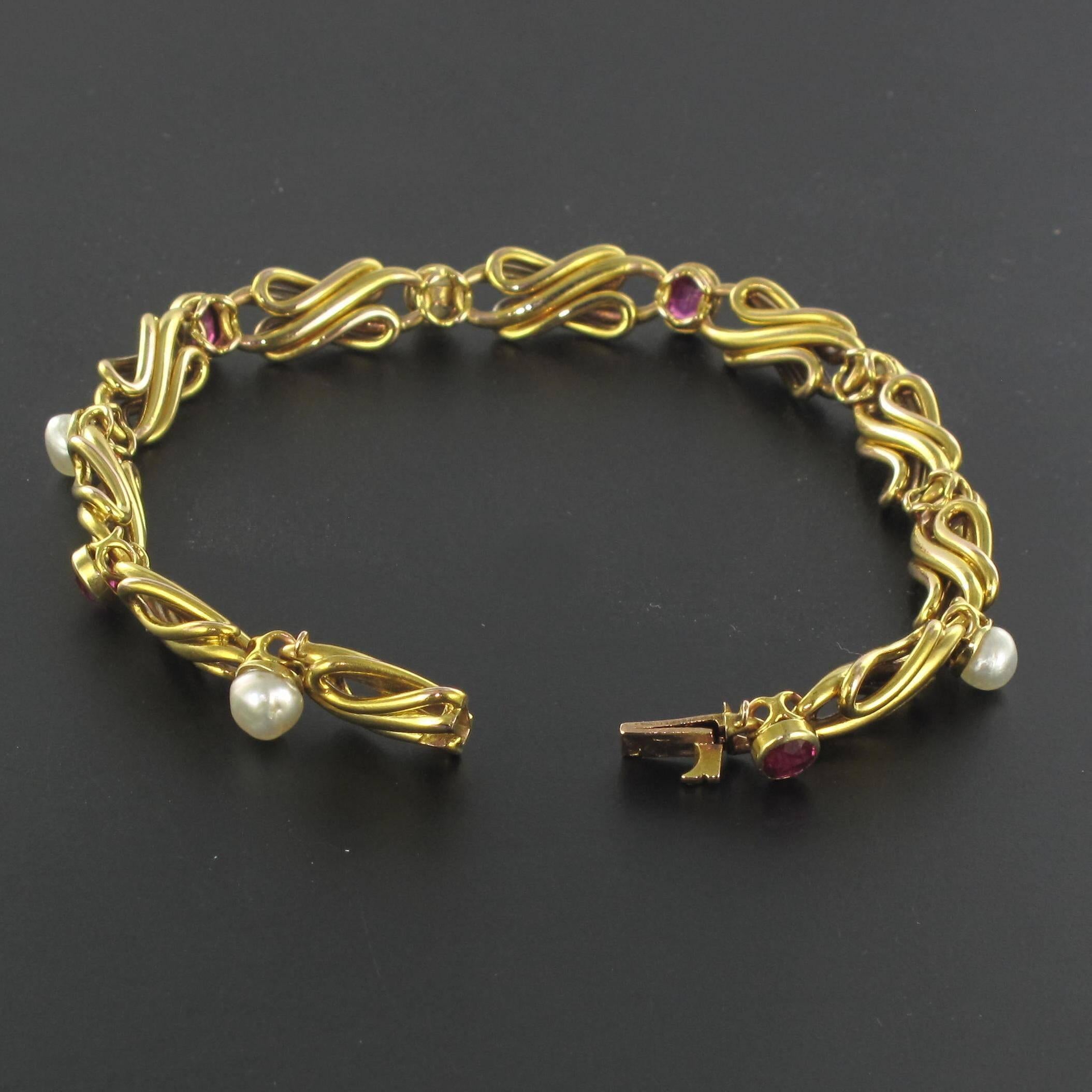French Art nouveau Natural Pearl Ruby Gold Row Link Bracelet 9
