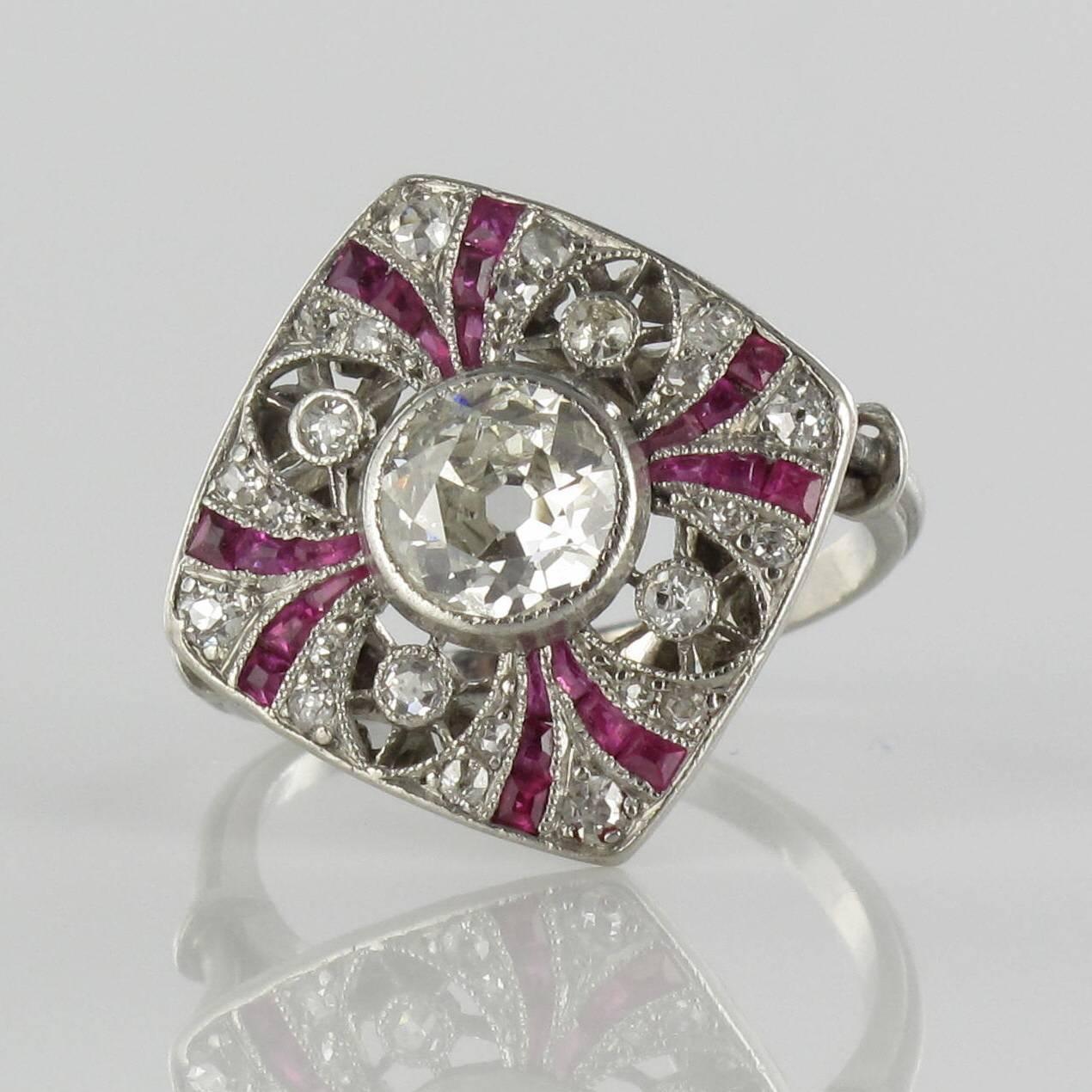 Women's French Art Deco Platinium Diamond Calibrated Rubies Ring 