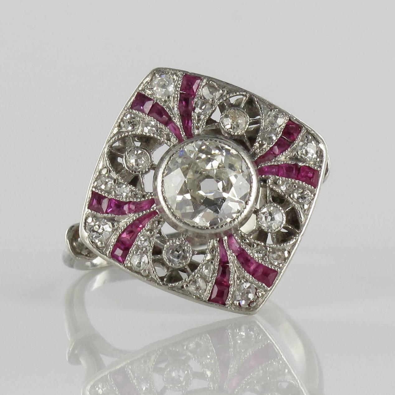 French Art Deco Platinium Diamond Calibrated Rubies Ring  3