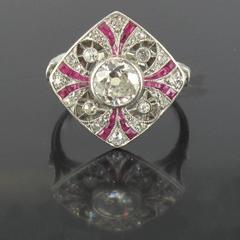French Art Deco Platinium Diamond Calibrated Rubies Ring