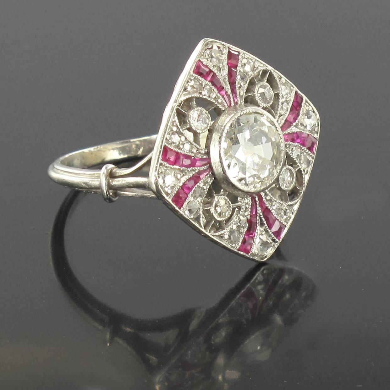 French Art Deco Platinium Diamond Calibrated Rubies Ring  1