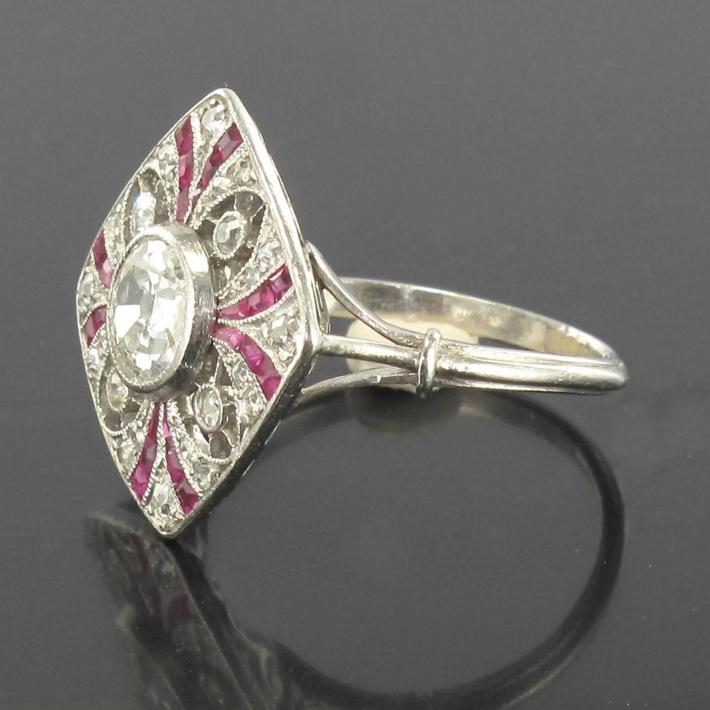 French Art Deco Platinium Diamond Calibrated Rubies Ring  2