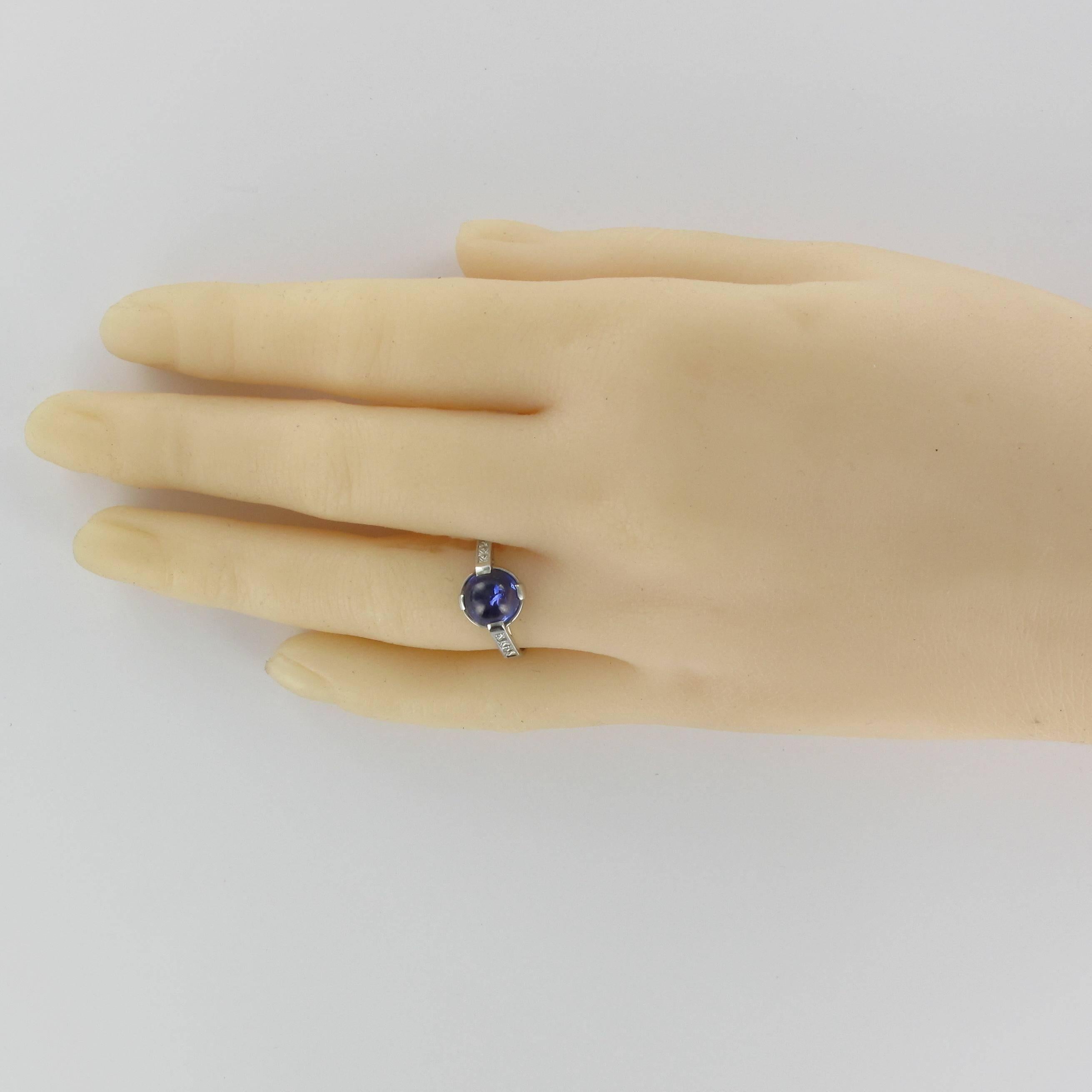 French Art Deco Style Sapphire Cabochon Princess Cut Diamond Ring  In New Condition In Poitiers, FR