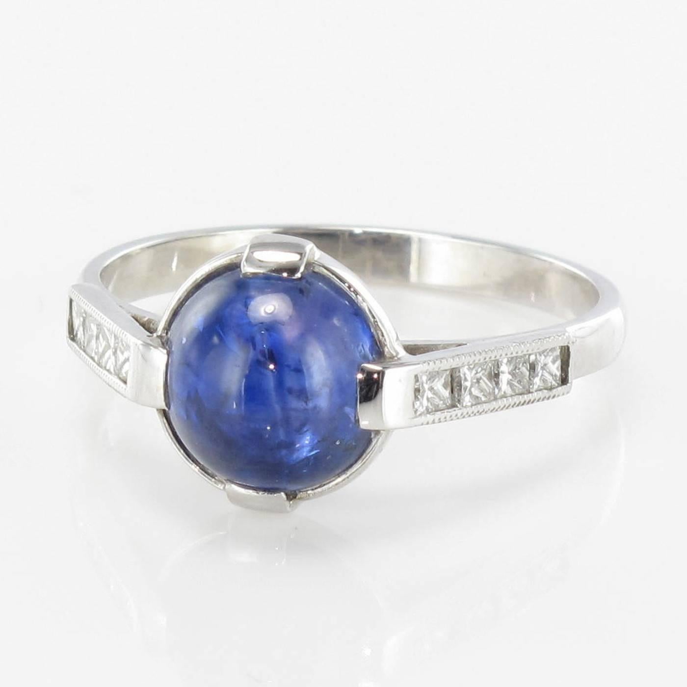 Women's French Art Deco Style Sapphire Cabochon Princess Cut Diamond Ring 