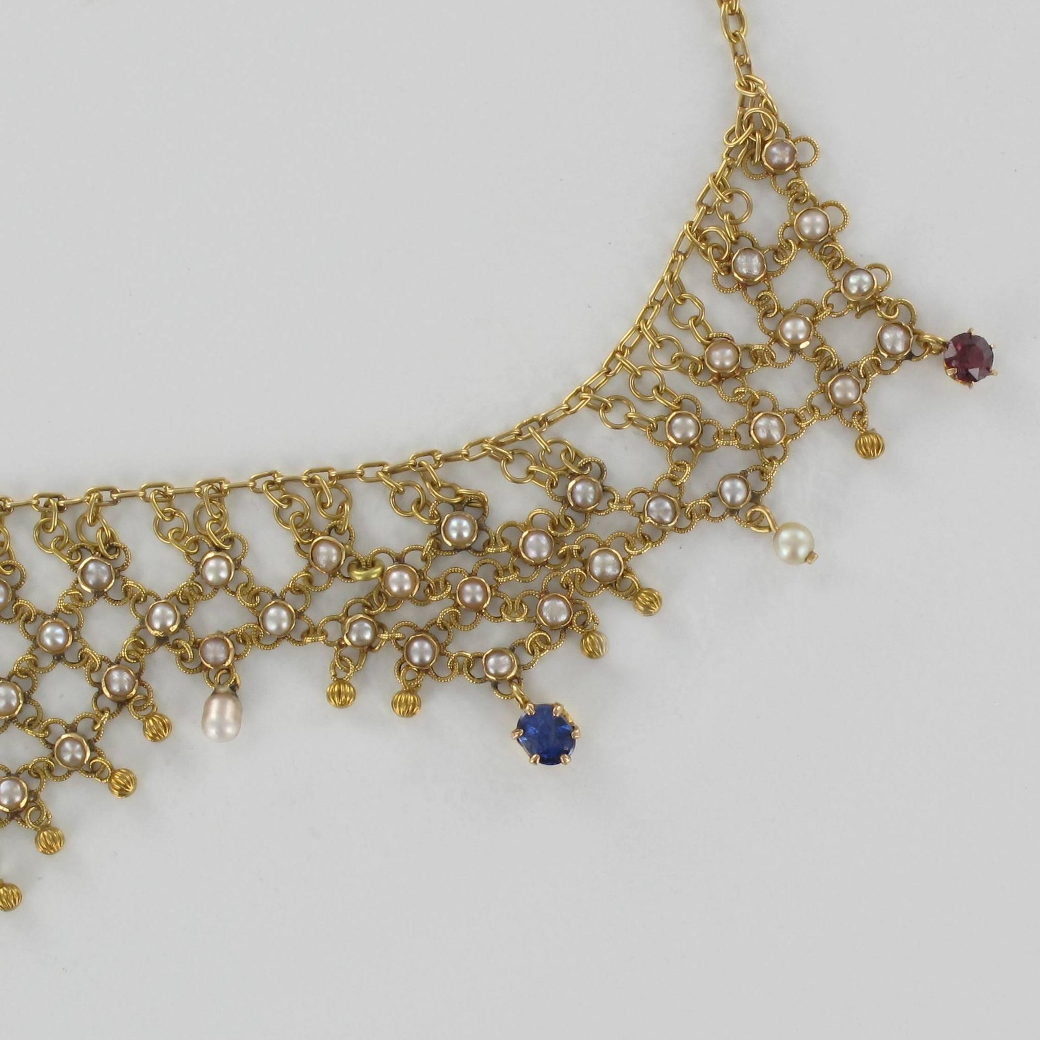 French Antique Openwork Pearl Sapphire Ruby Gold Necklace For Sale 13