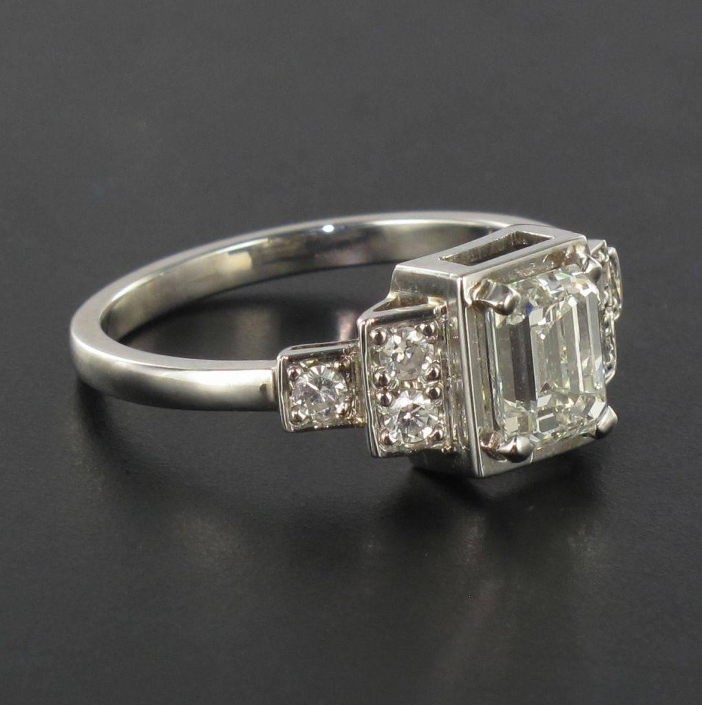 Art Deco Style Emerald Cut And Brilliant Cut Diamond Gold Ring 8