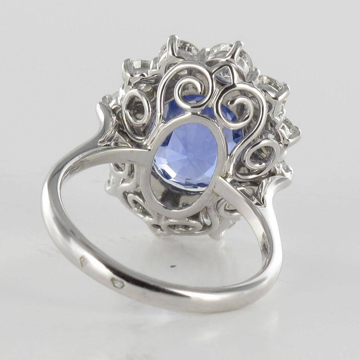 French 1960s No Heat 7.42 Carat Ceylon Sapphire Diamond White Gold Cluster Ring For Sale 9