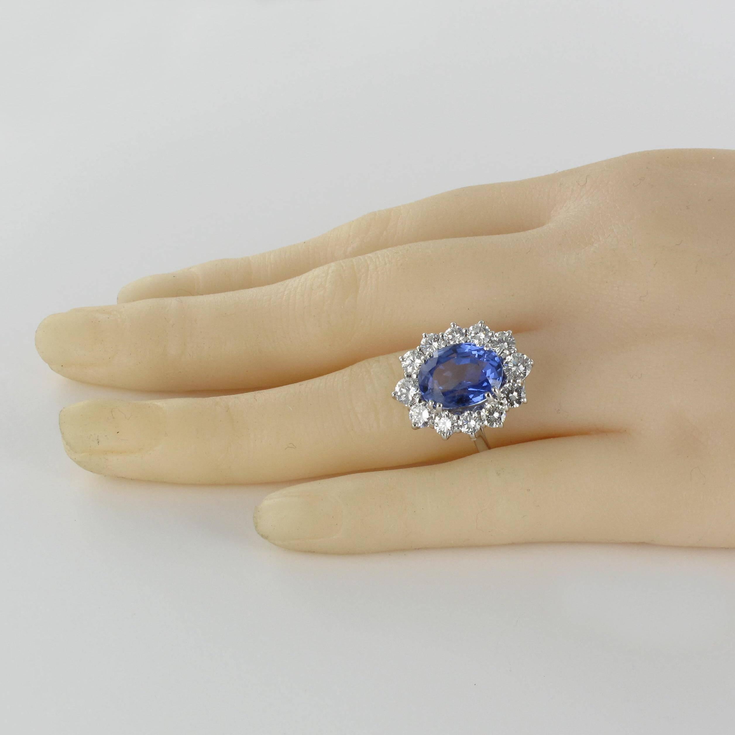 French 1960s No Heat 7.42 Carat Ceylon Sapphire Diamond White Gold Cluster Ring For Sale 11