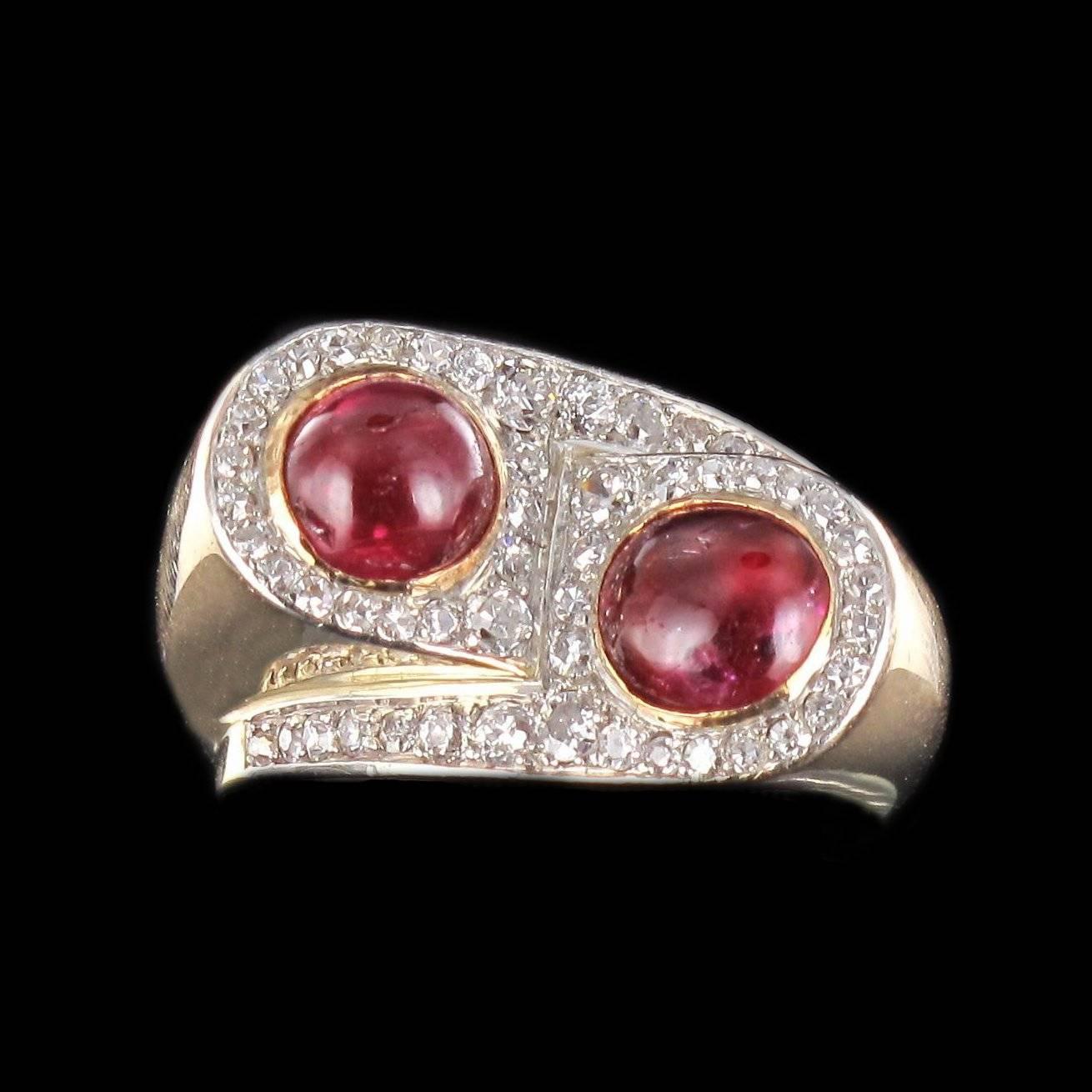 1940s French Ruby Cabochon Diamond Gold Platinum Tank Ring 2