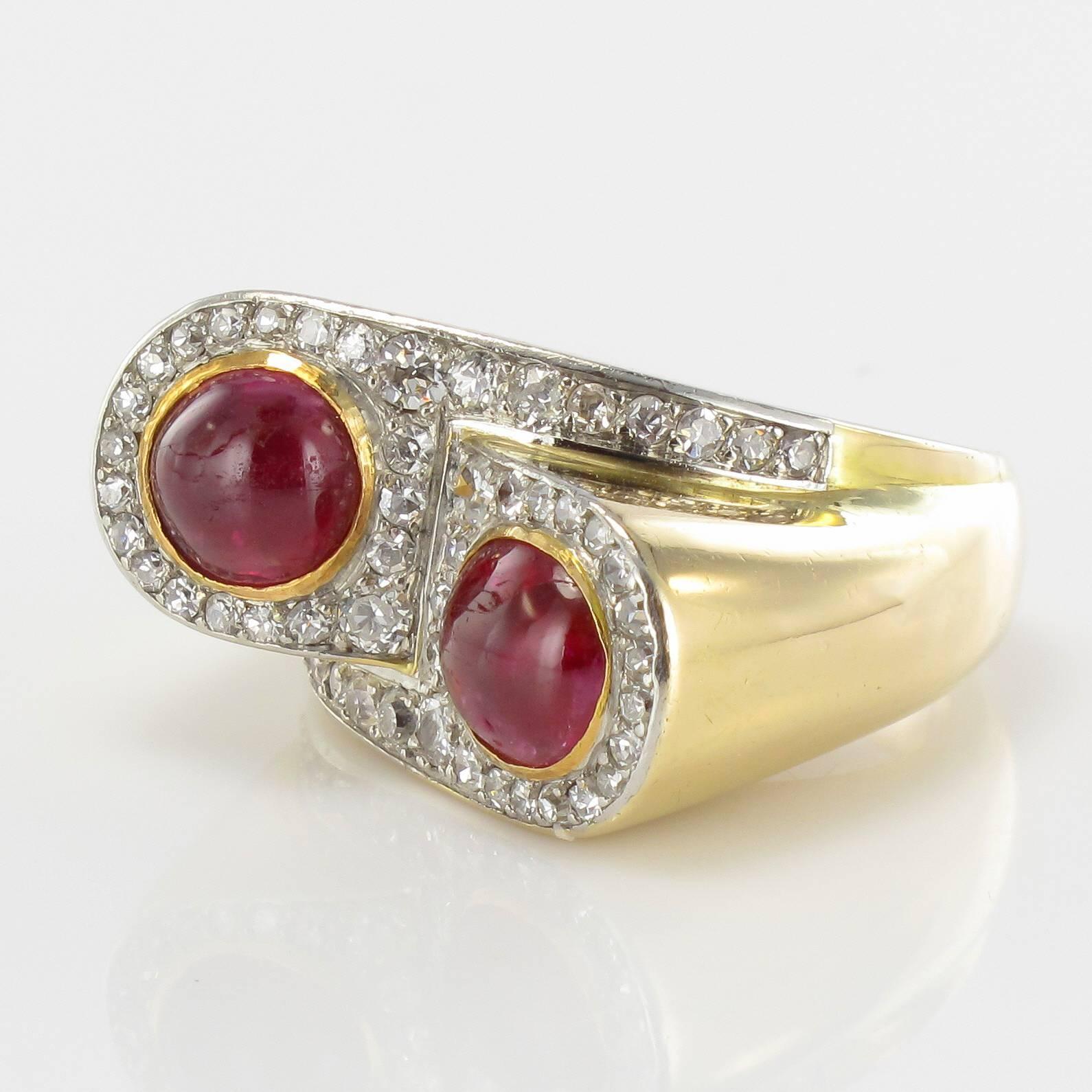 1940s French Ruby Cabochon Diamond Gold Platinum Tank Ring In Excellent Condition In Poitiers, FR