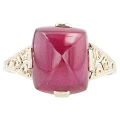French 1930s Art Deco Sugar Loaf Ruby Diamond 18 Karat White Gold Ring