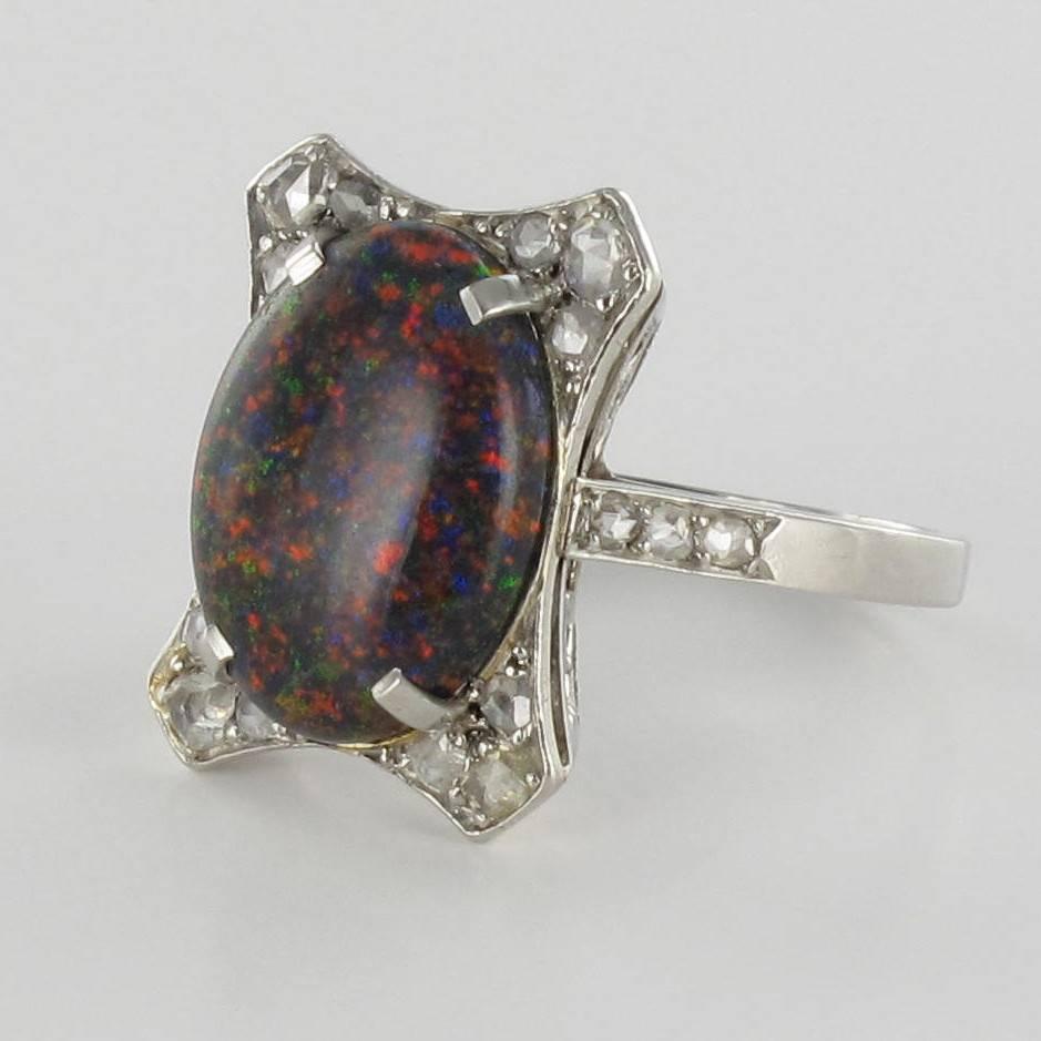 1930s Art Deco  2.60 Carat Black Opal Diamond Platinum Ring 1