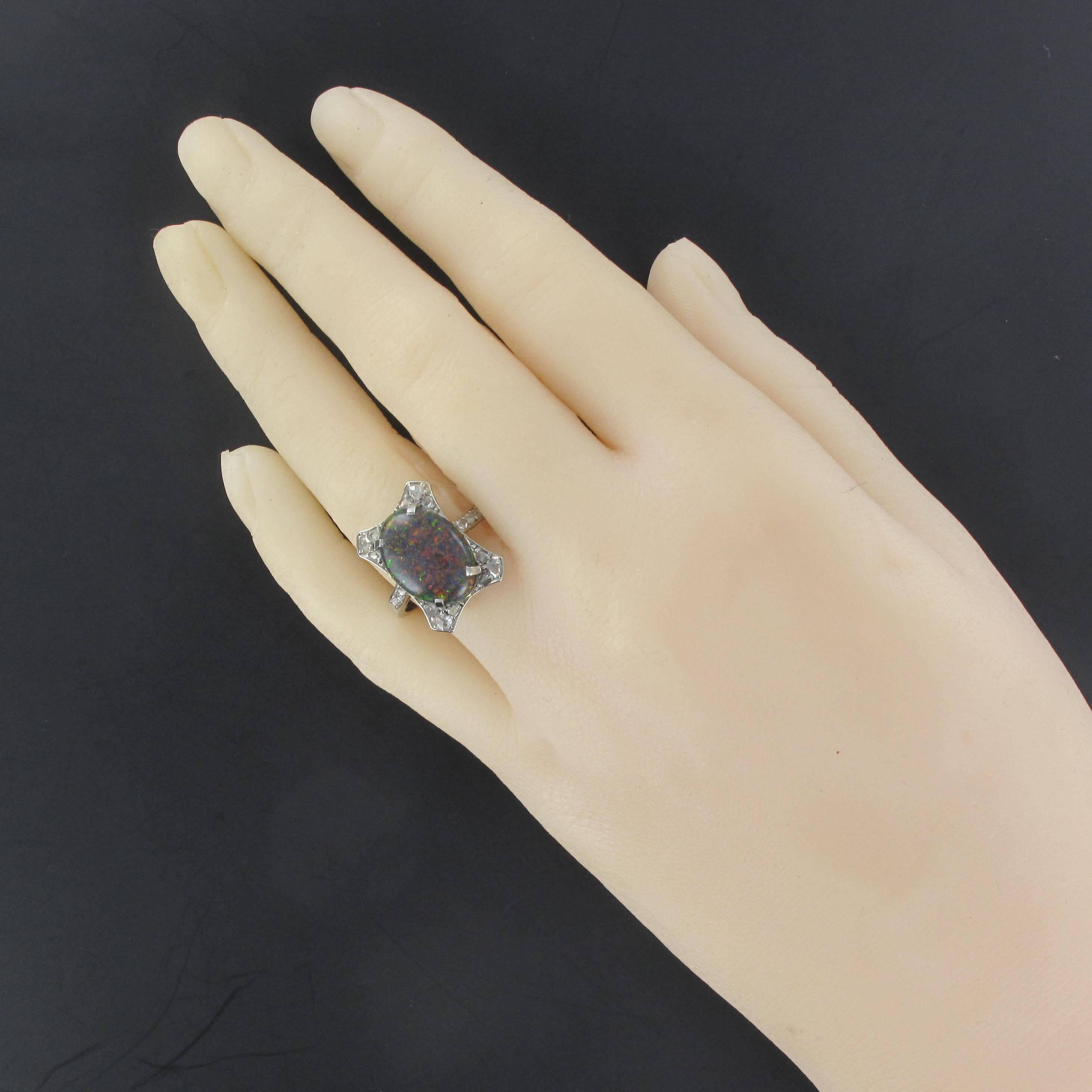 Oval Cut 1930s Art Deco  2.60 Carat Black Opal Diamond Platinum Ring