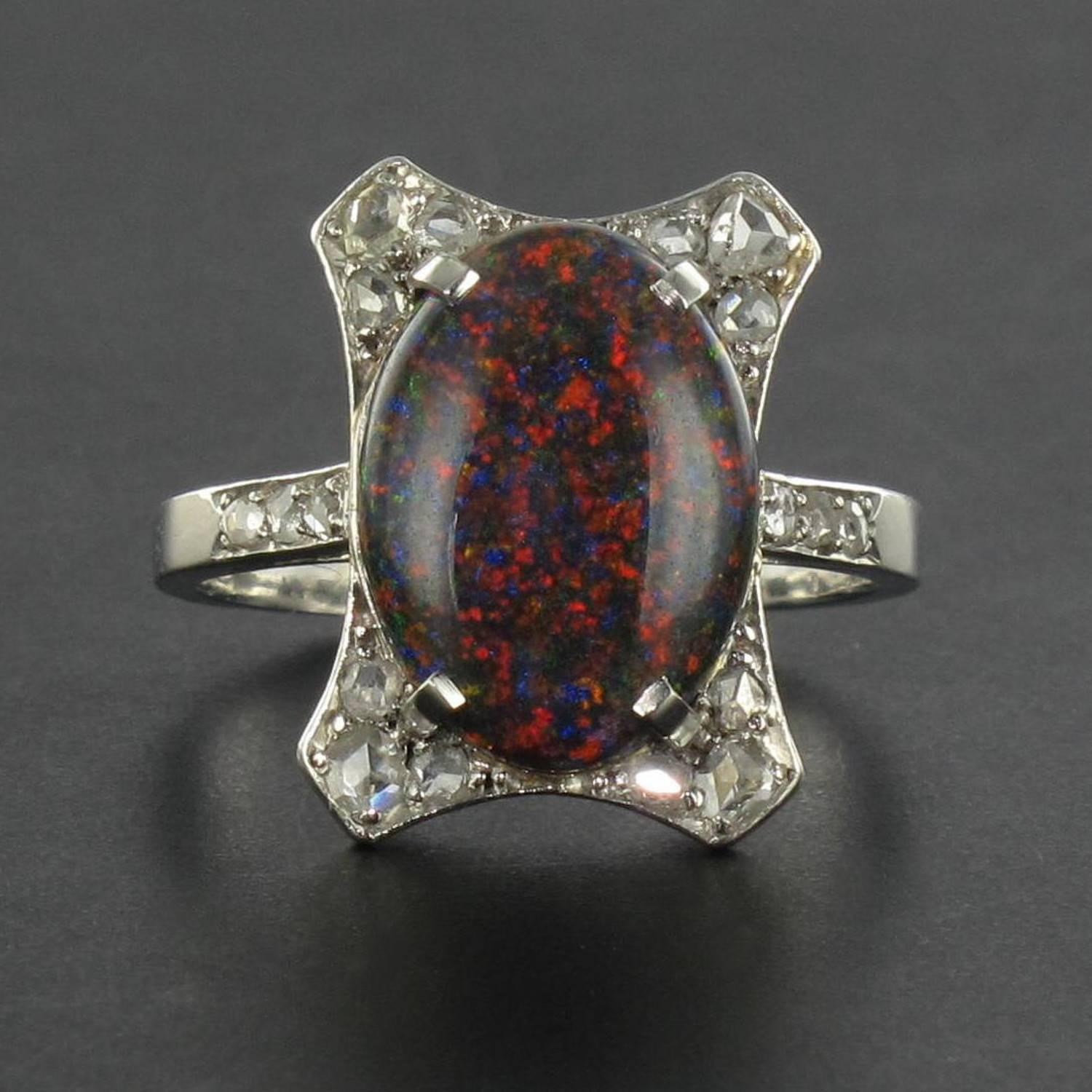 Women's 1930s Art Deco  2.60 Carat Black Opal Diamond Platinum Ring