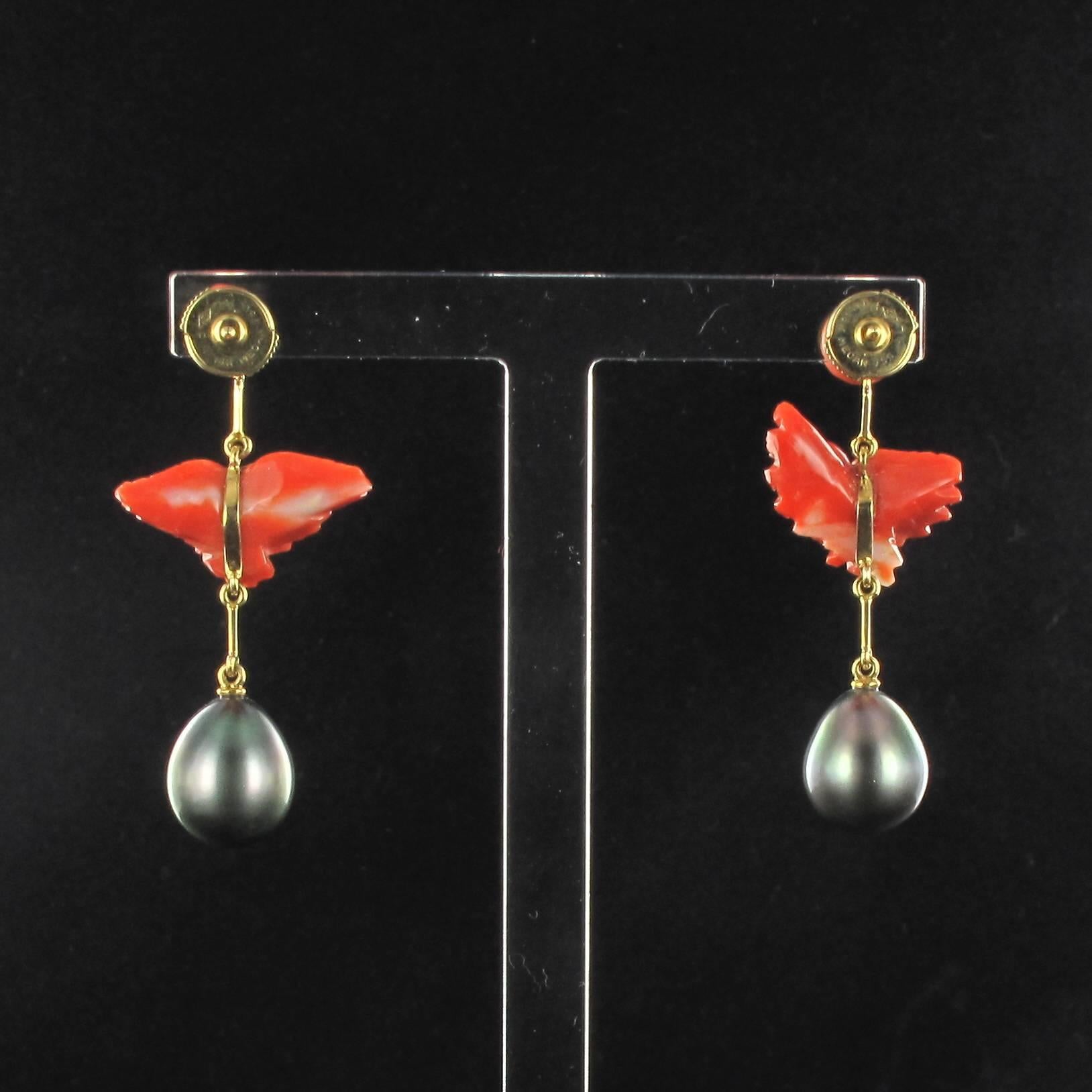 Unique Black Pearl Coral Gold Dove Dangle Earrings 1