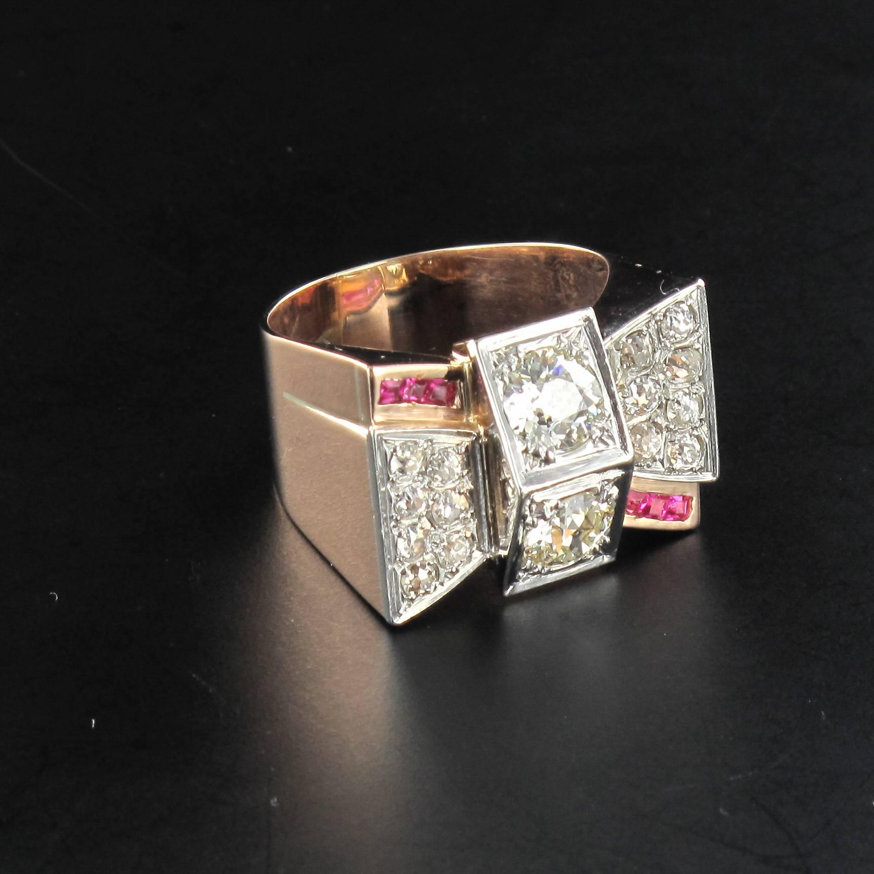 1940s French Retro 2.10 Carat Diamond Rose Gold Tank Ring 8