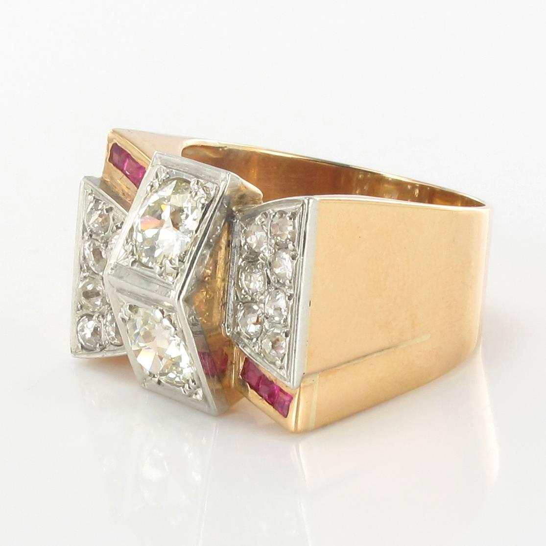 1940s French Retro 2.10 Carat Diamond Rose Gold Tank Ring 6