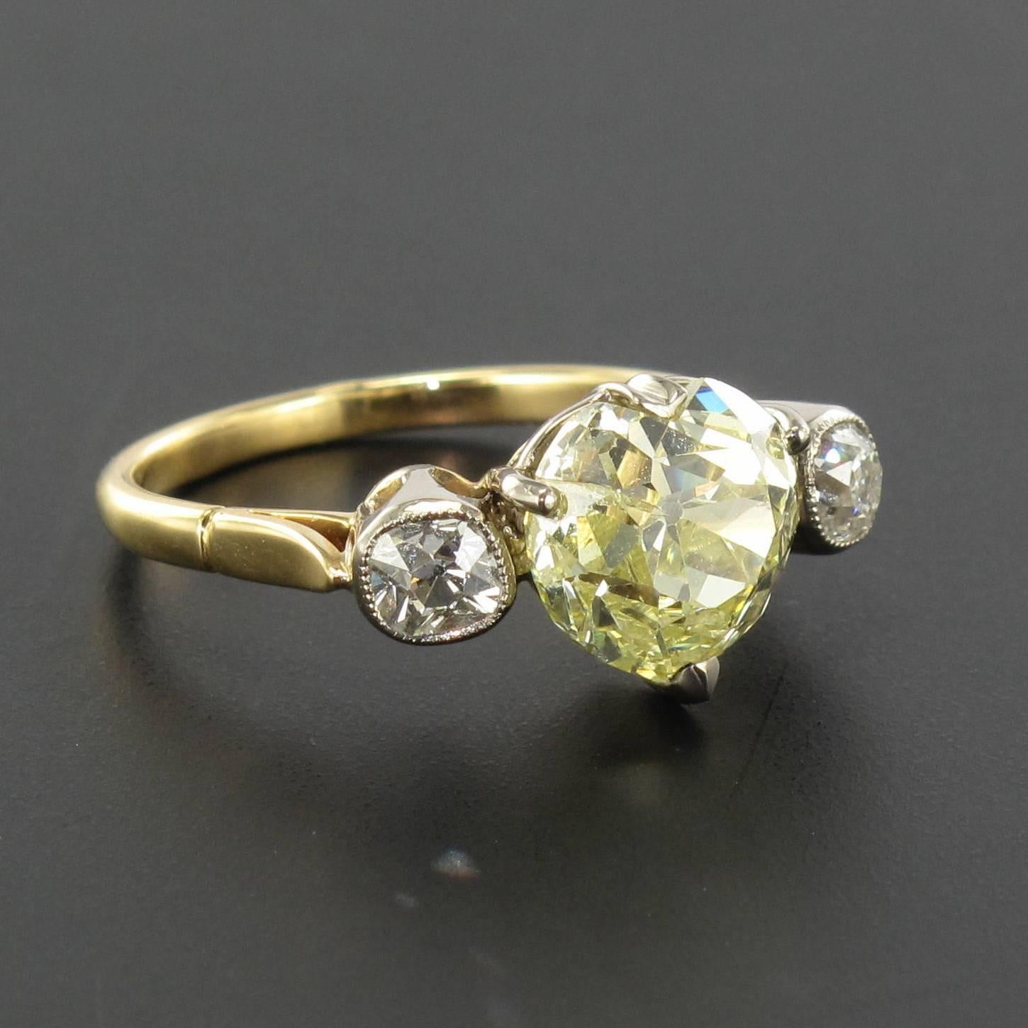 French Antique 3.58 Carat Fancy Yellow Heart Cut Diamond Gold Ring 9