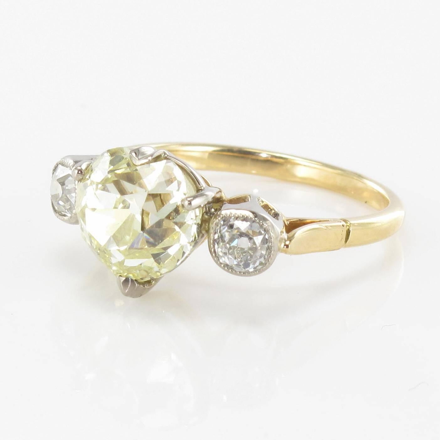 French Antique 3.58 Carat Fancy Yellow Heart Cut Diamond Gold Ring 4