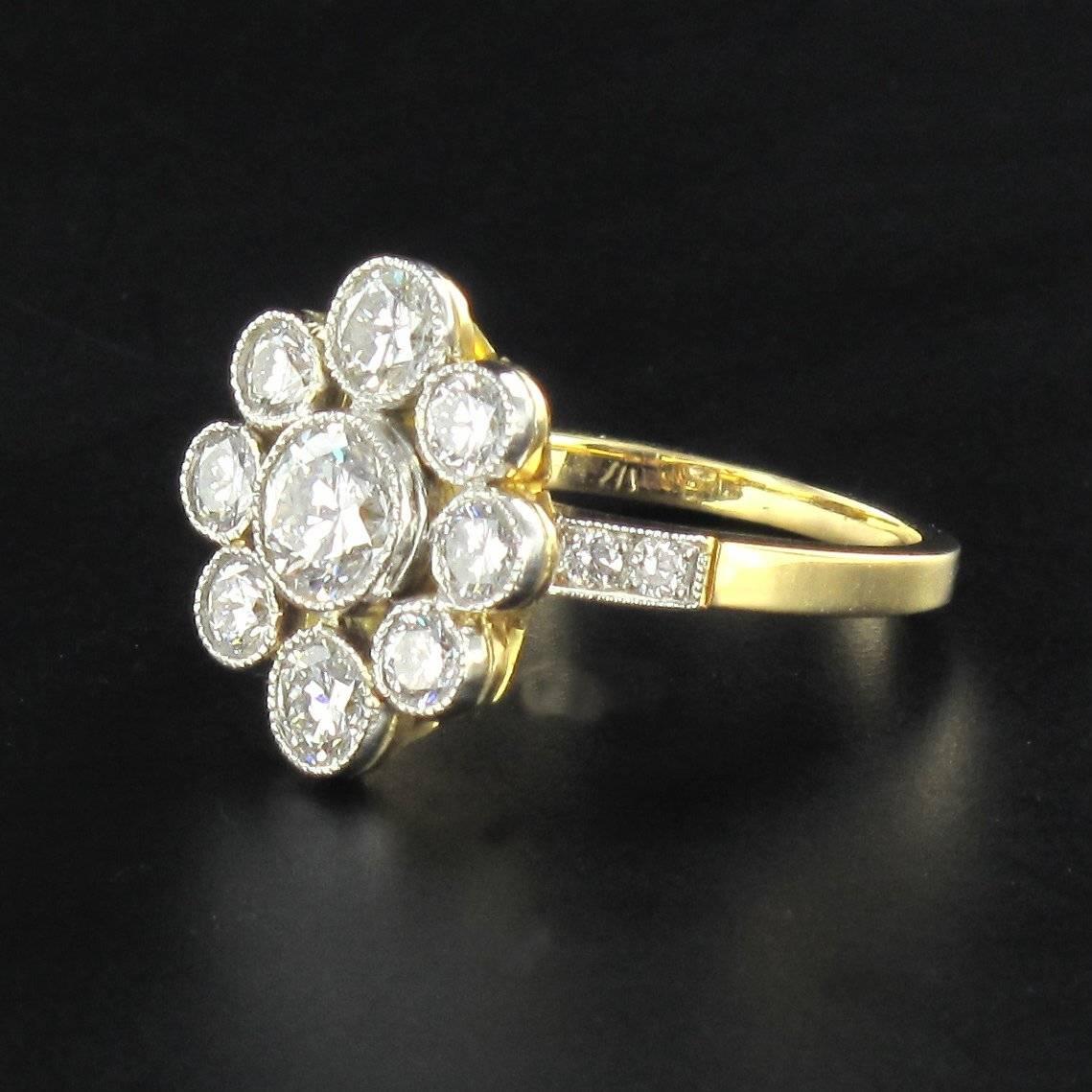 Round Cut French 1.10 Carat Brillant Cut Diamond Gold Platinum Cluster Engagement Ring