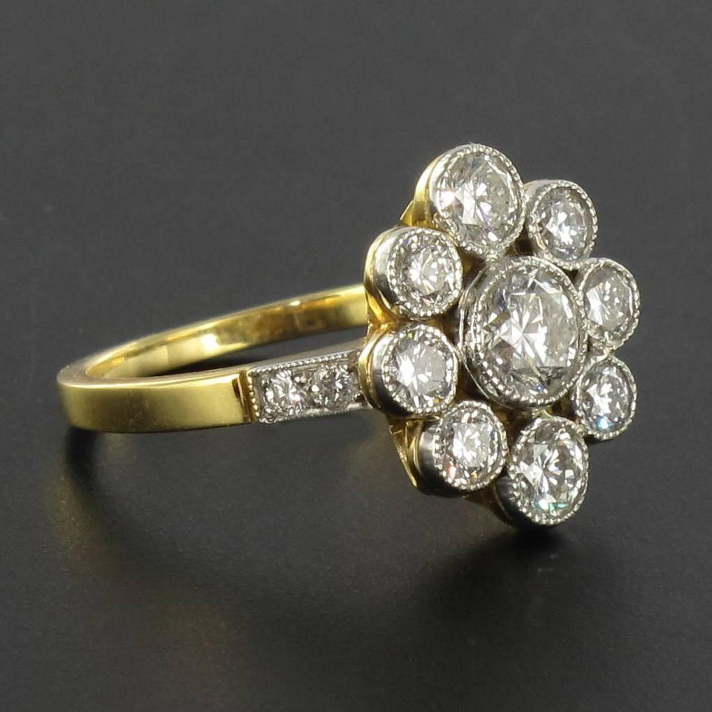 Women's French 1.10 Carat Brillant Cut Diamond Gold Platinum Cluster Engagement Ring