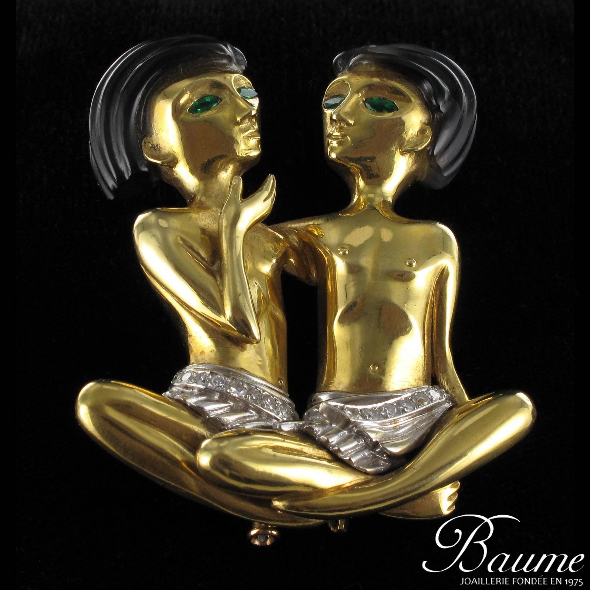 Women's Emerald Agate Diamond Gold Egyptian Style Pendant Brooch 