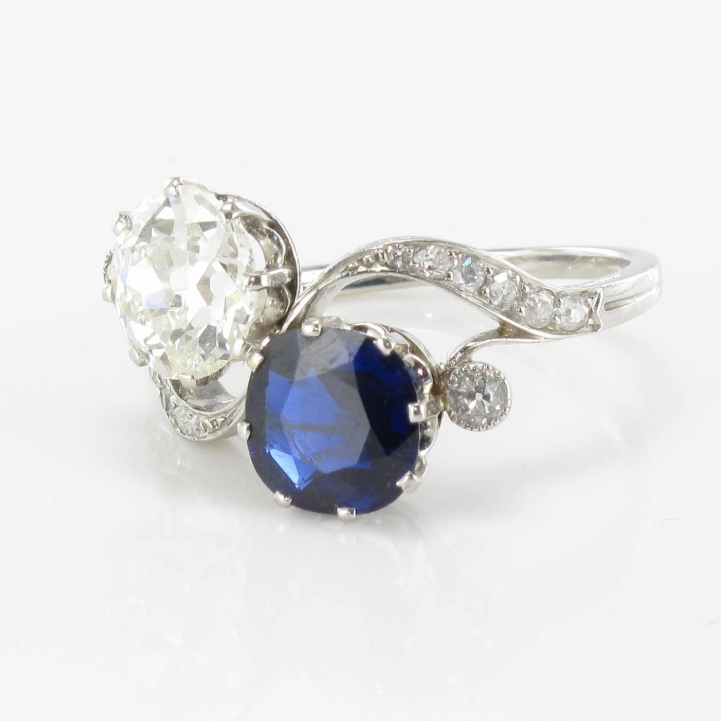 1920s French Sapphire Diamond Gold Toi et Moi Ring 4