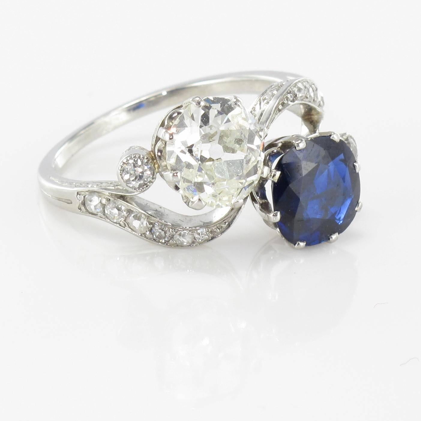 1920s French Sapphire Diamond Gold Toi et Moi Ring 5