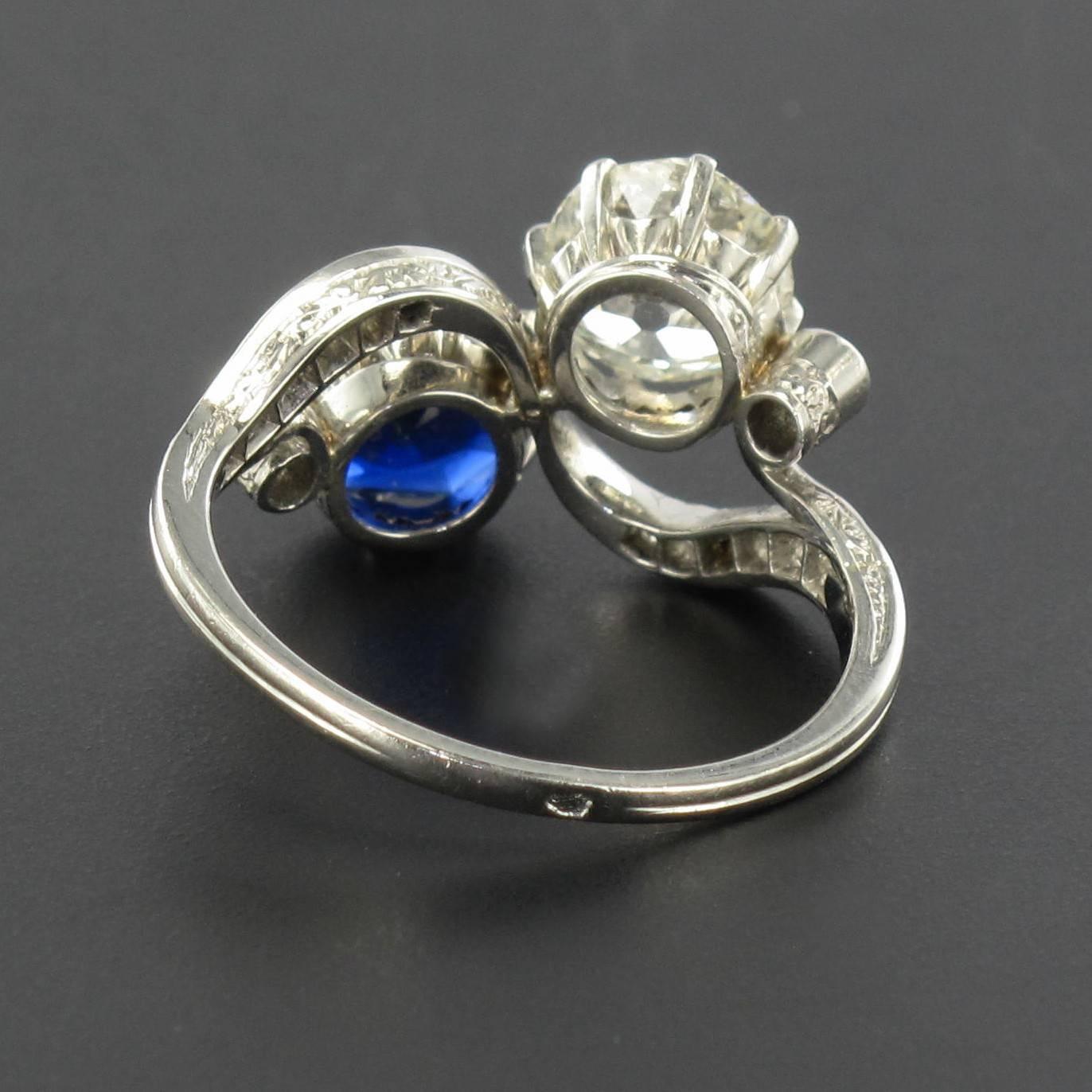 1920s French Sapphire Diamond Gold Toi et Moi Ring 7