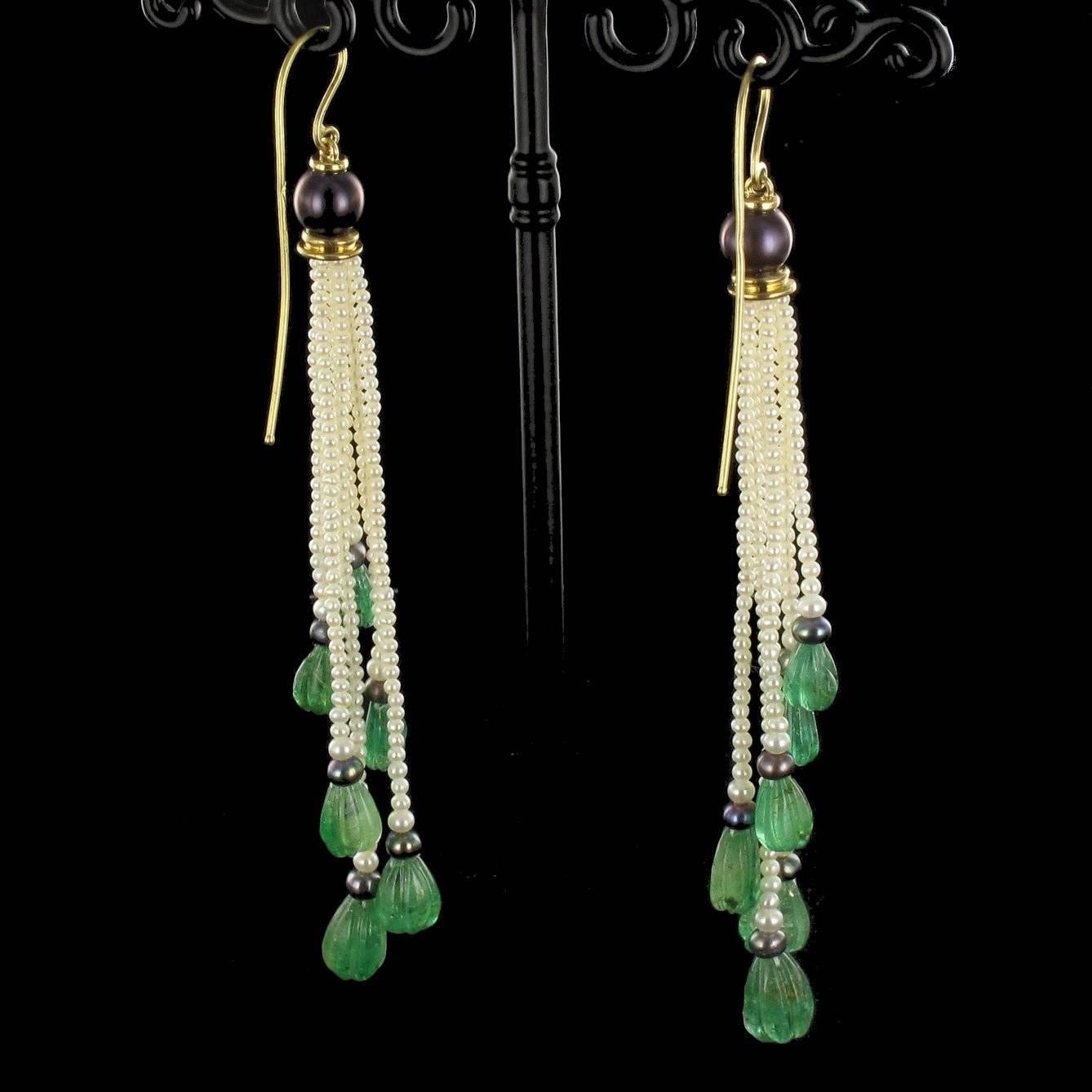 Baume Engraved Emerald Pearl Long Dangle Earrings 11