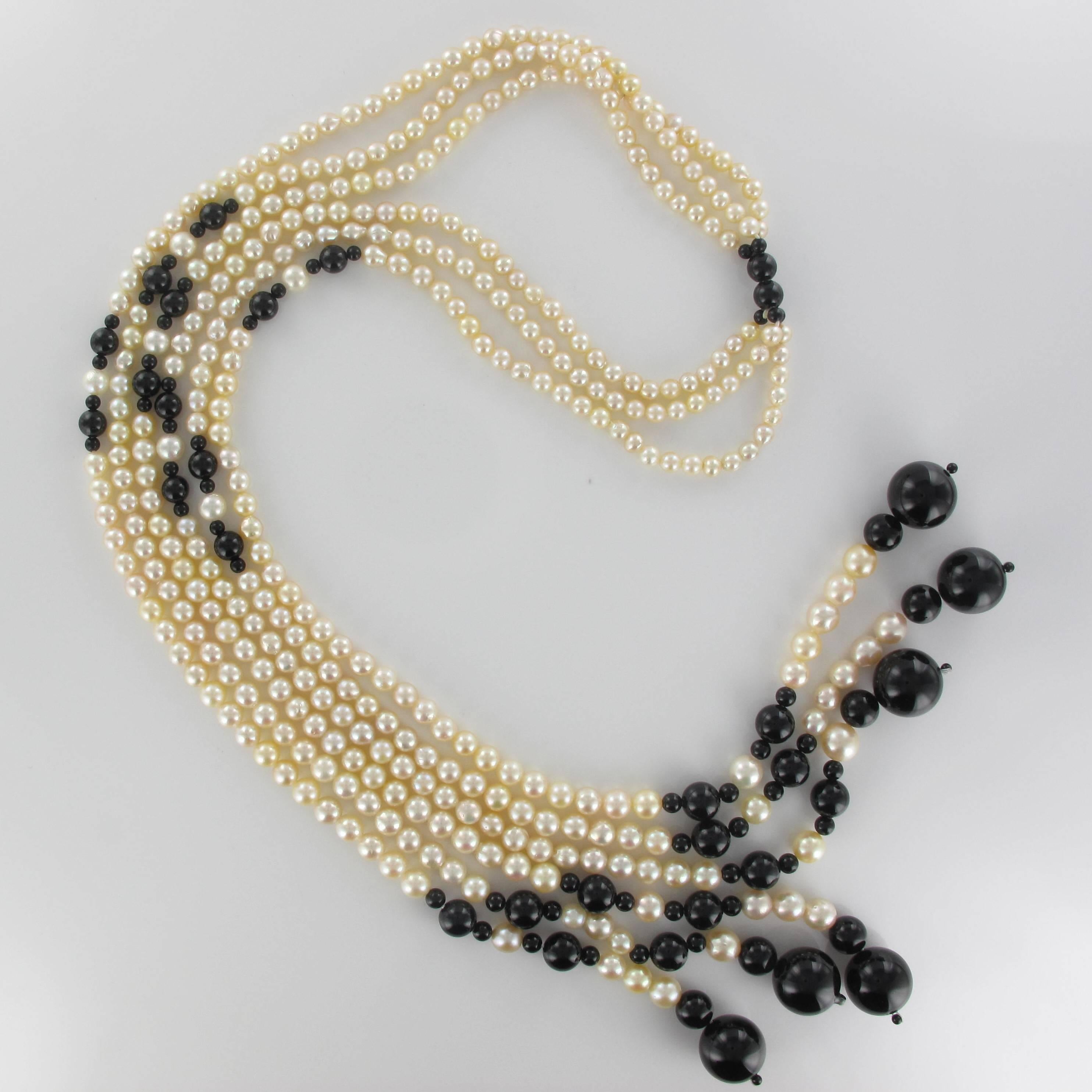 Art Deco Baume Onyx Pearl Long Necklace 