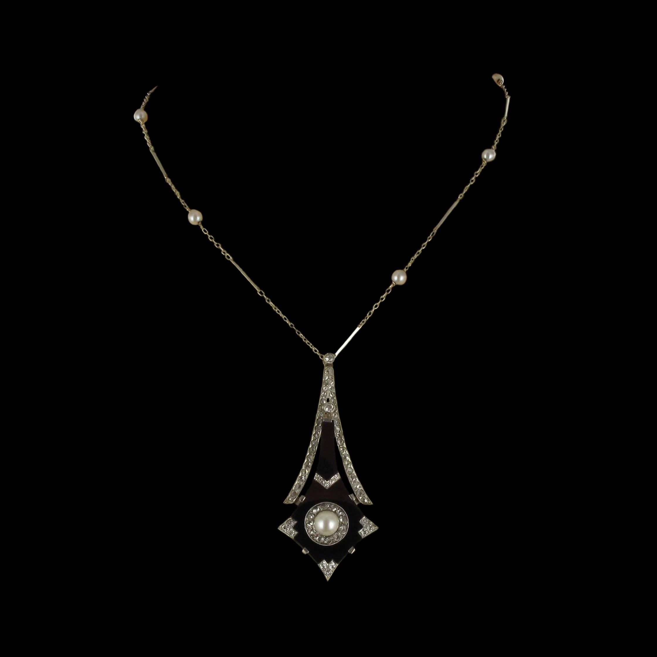 French Art Deco Fine Pearl Onyx Diamond Platinum Pendant 9