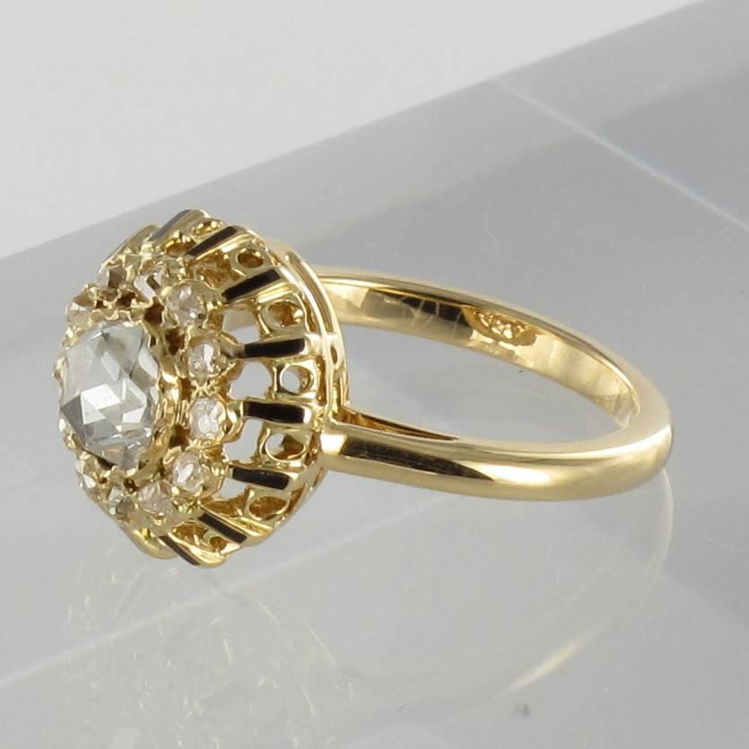 Napoleon III Antique Black Enamel Rose Cut Diamond Gold Ring 