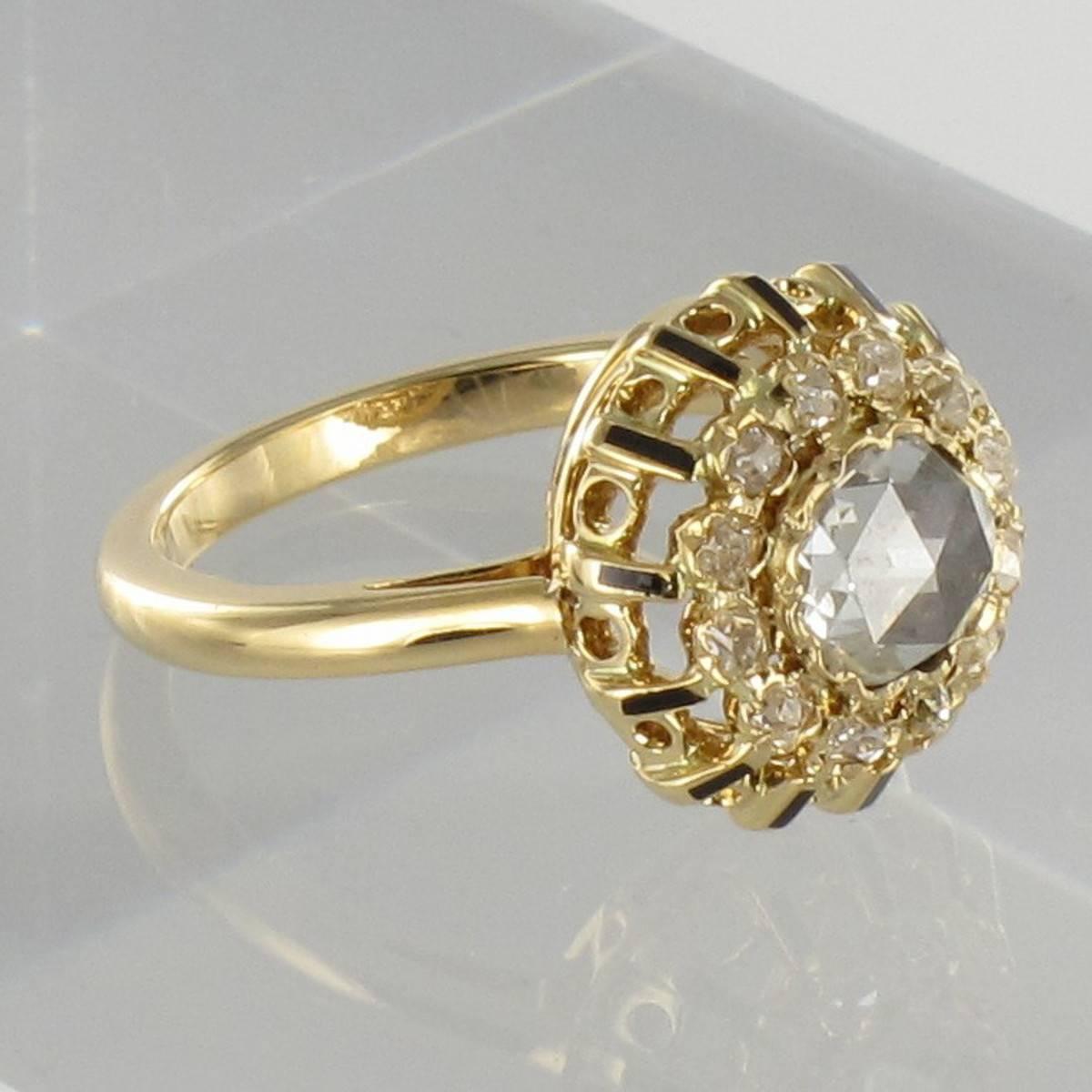 Antique Black Enamel Rose Cut Diamond Gold Ring  3