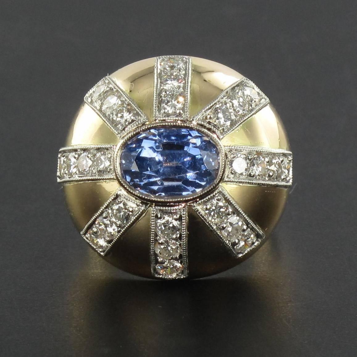 1950s Sapphire Diamond Gold Platinum Dome Ring  In New Condition In Poitiers, FR