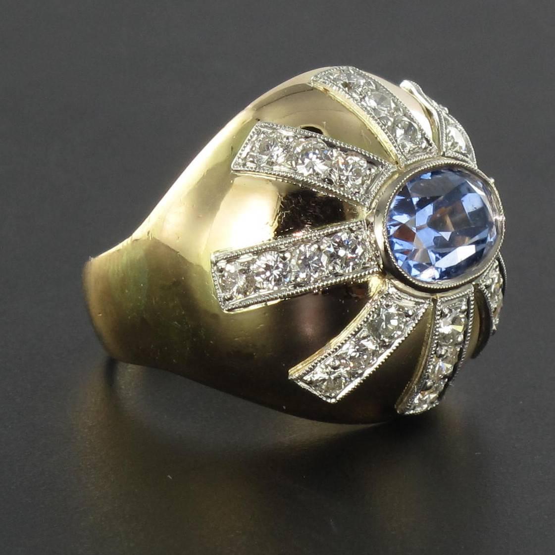 Women's 1950s Sapphire Diamond Gold Platinum Dome Ring 