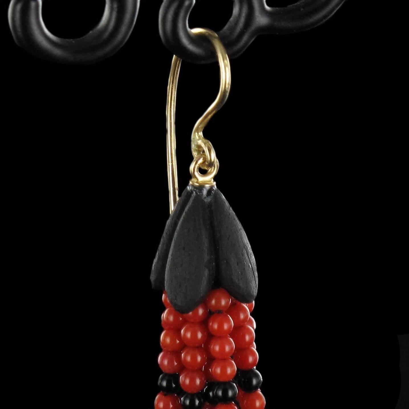 Art Deco Onyx Coral Pearl Ebony Gold Drop Earrings