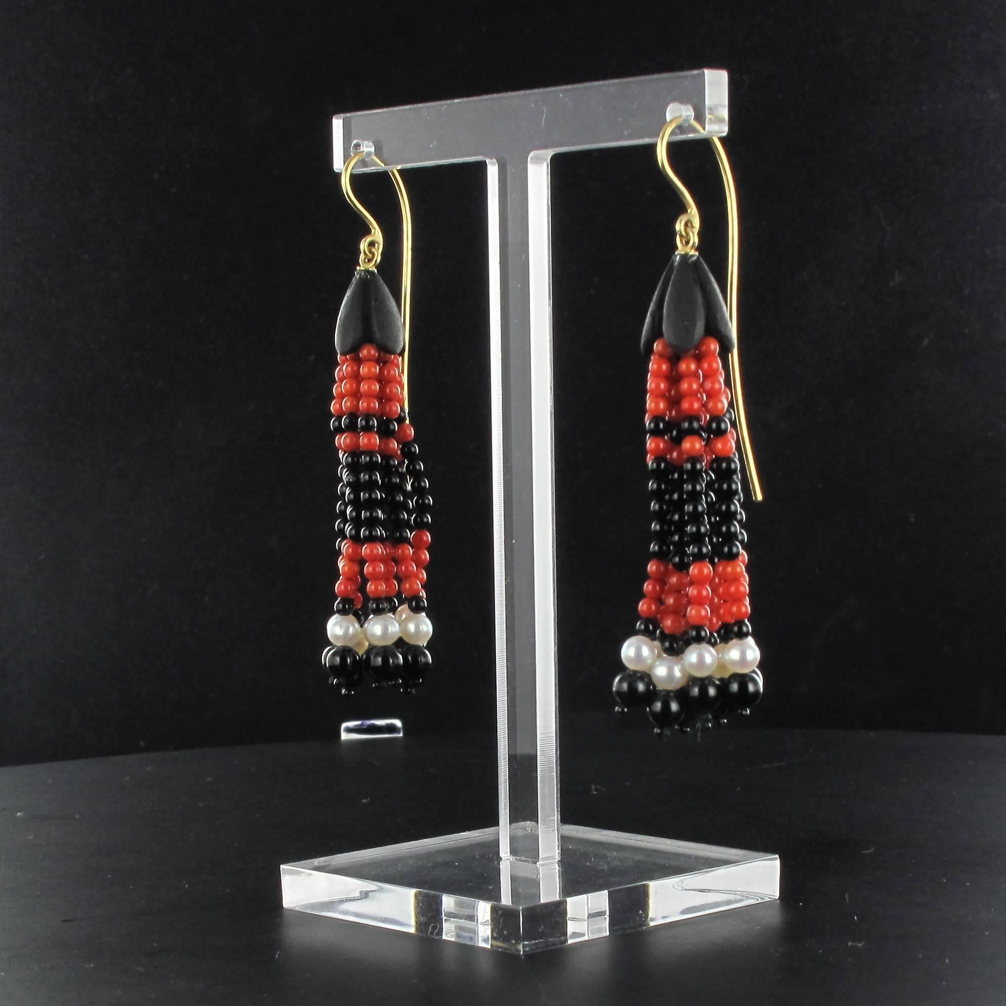 Women's Onyx Coral Pearl Ebony Gold Drop Earrings