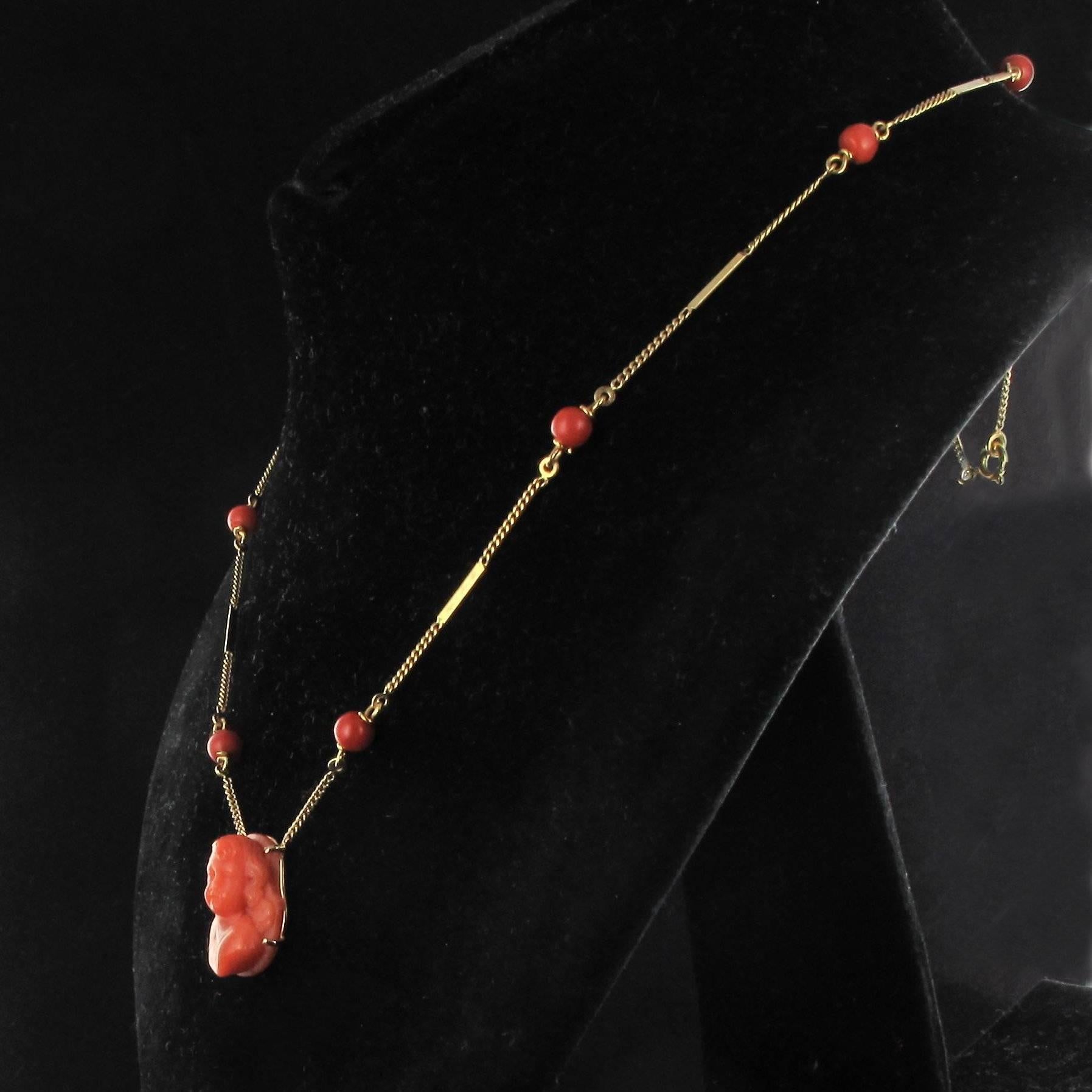 Classical Greek 19th Century Coral Cameo and Bead Pendant Necklace 