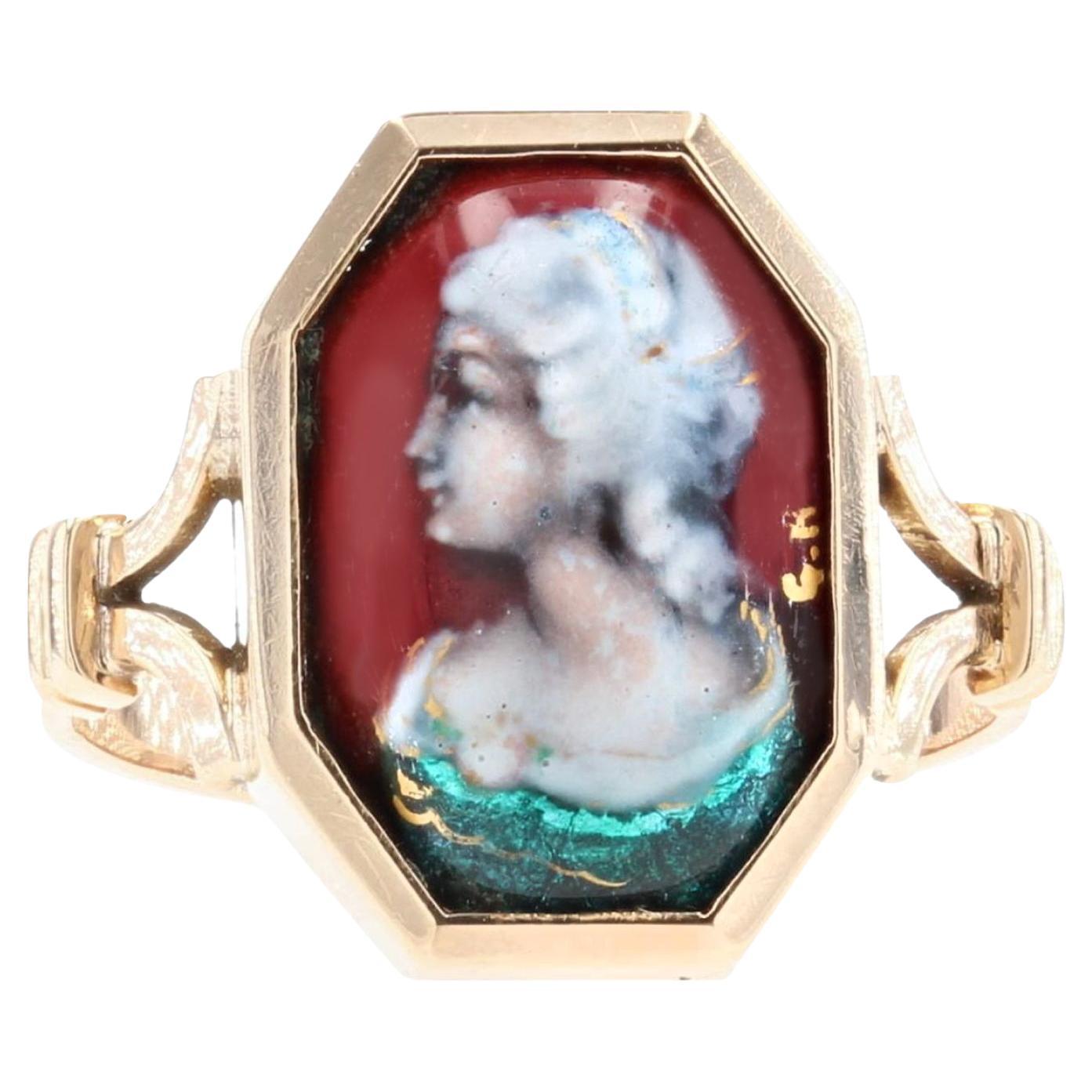 Anello francese anni '30 con smalto di Limoges e oro giallo 18 carati in vendita