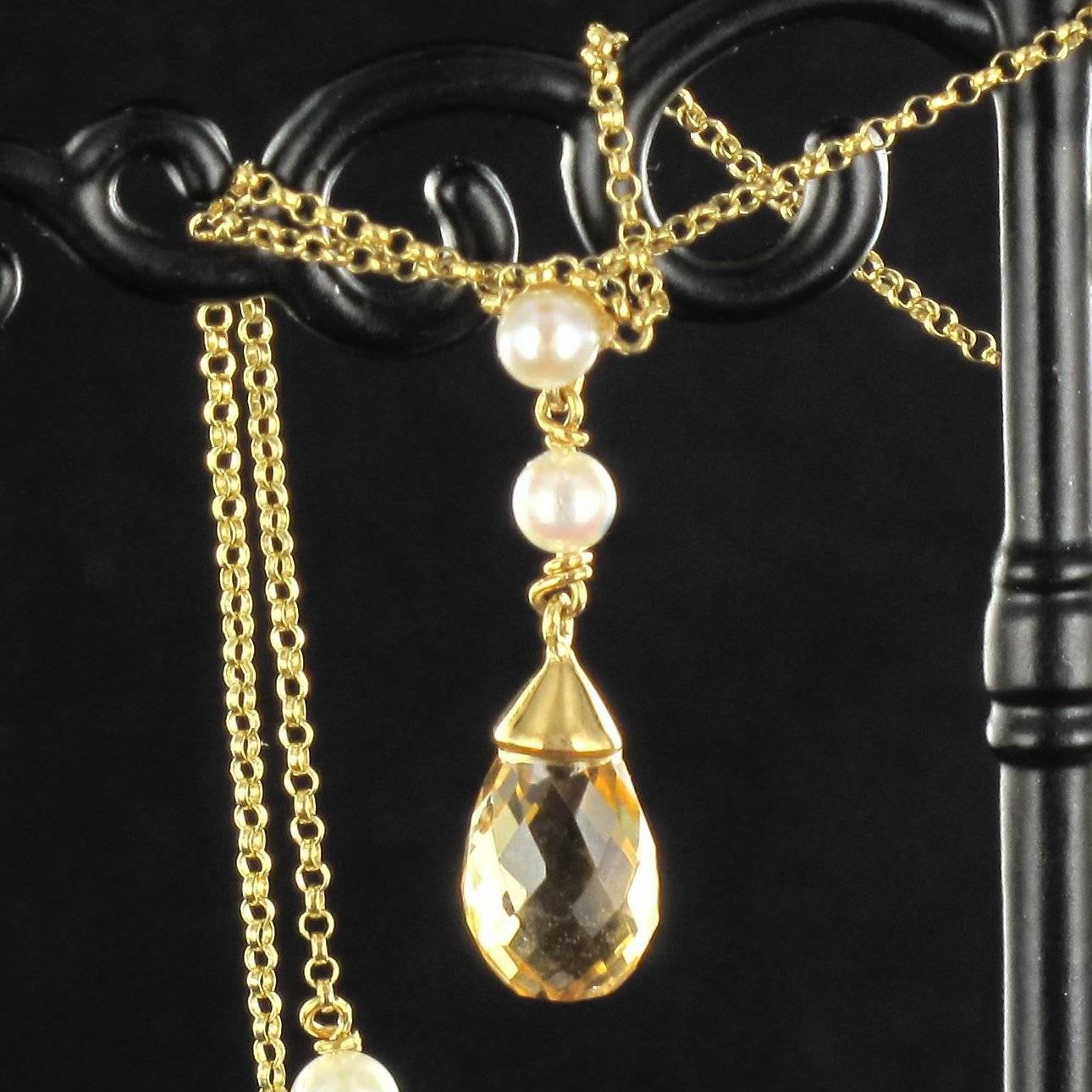 New 14.70 Carat Citrine Cultured Pearl 18 Karat Gold Drapery Chain Necklace 7