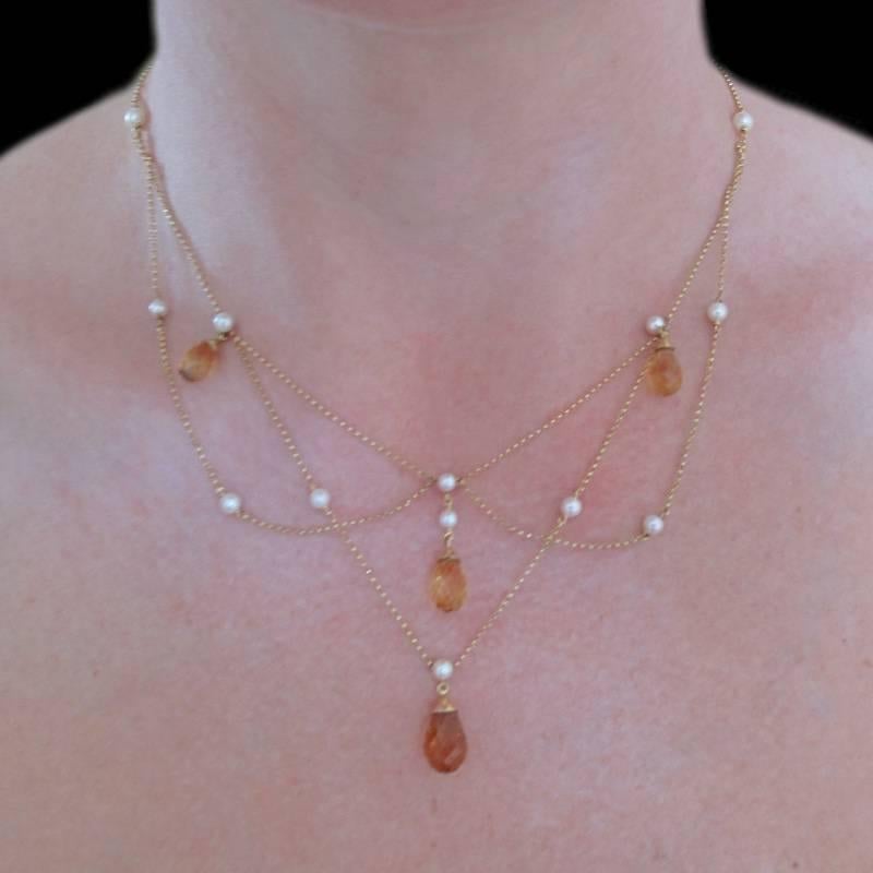 New 14.70 Carat Citrine Cultured Pearl 18 Karat Gold Drapery Chain Necklace 10