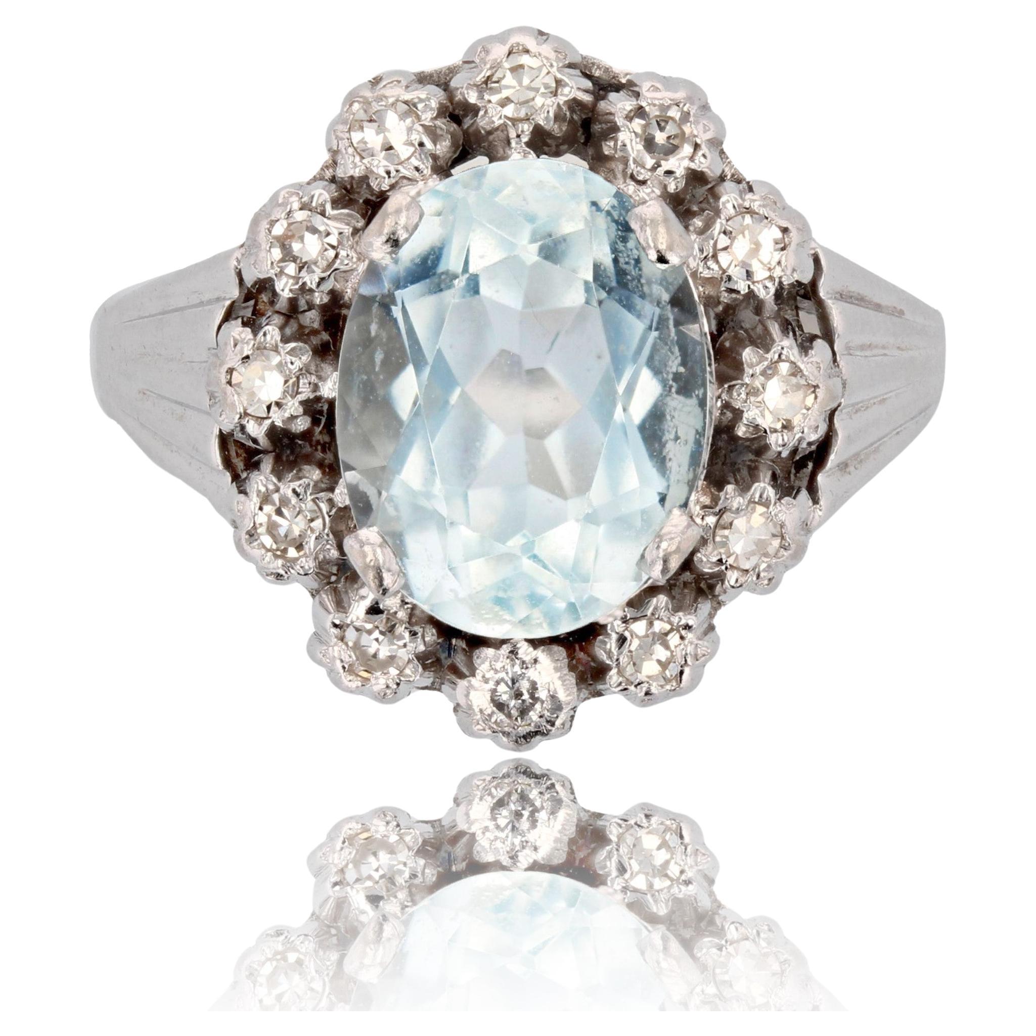 Anillo francés de oro blanco de 18 quilates con diamantes de aguamarina de los años 50