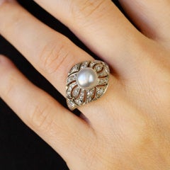 French 1930s Art Deco Certified Natural Pearl Diamonds 18 Karat White Gold Ring