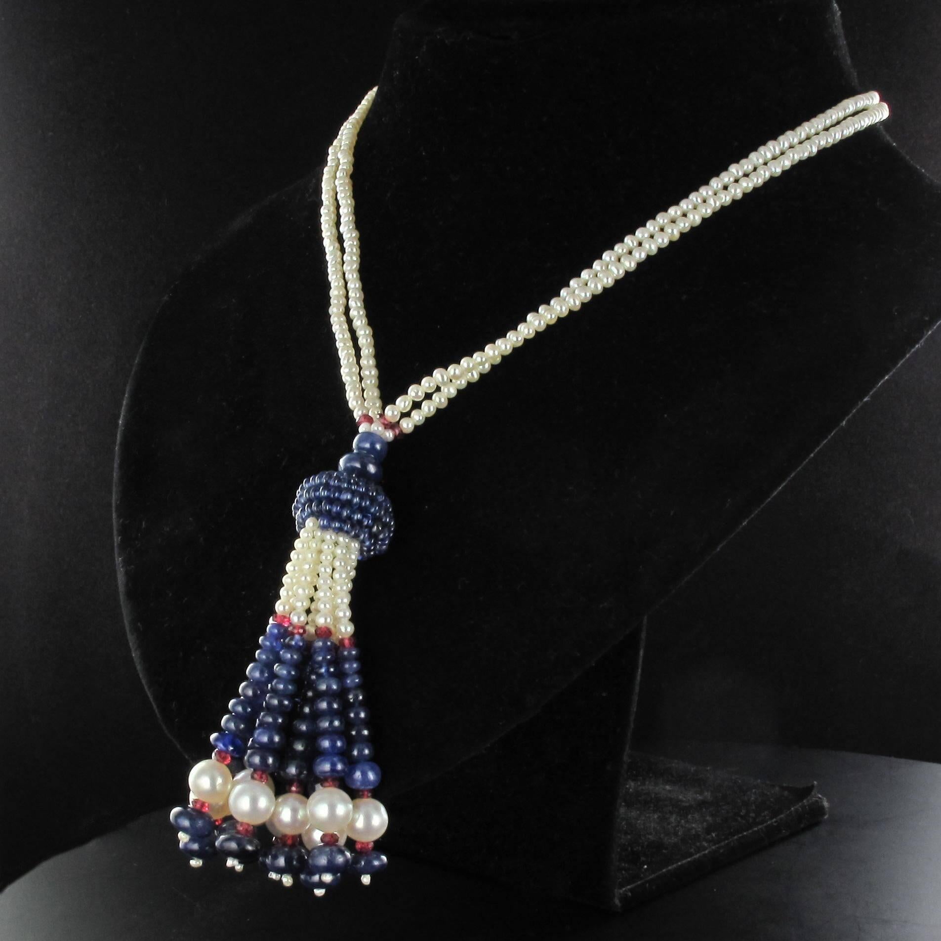 Sapphire Beads Cultured Pearls Tourmalines Beads Pompom Pendant Necklace  2