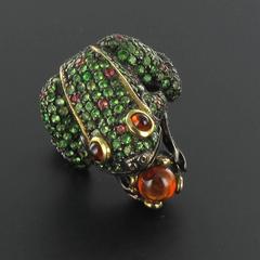Surprising Tsavorite Garnet Orange Sapphire  and Fire Opal Frog Ring